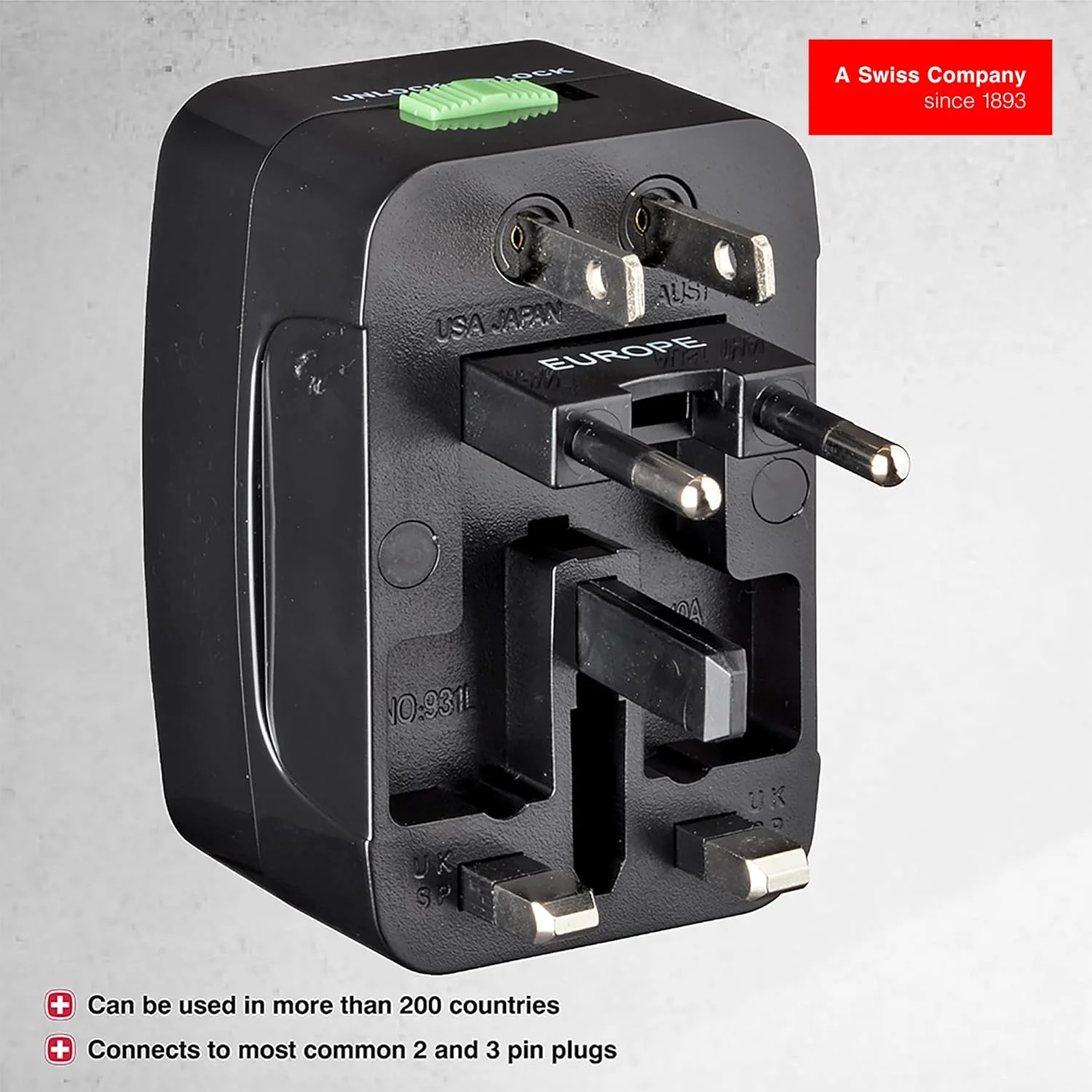 آداپتور مسافرتی جهانی ونگر برای سفرهای بین المللی، مشکی، ترکیبی از استایل و کارایی، طراحی سوئیسی (604551)