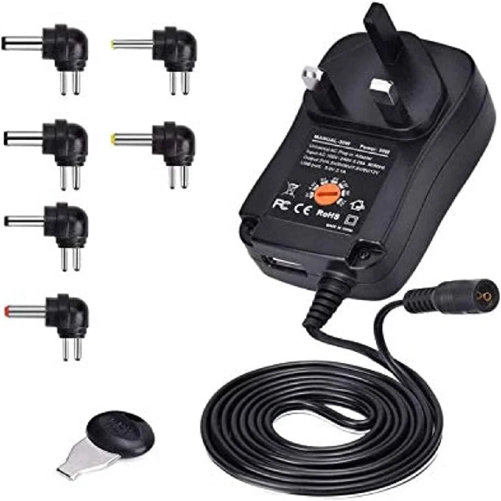 آداپتور 30 وات یونیورسال AC/DC، 3 ولت 4.5 ولت 6 ولت 9 ولت 12 ولت با 6 سر برای لوازم الکترونیکی خانگی نوع دوشاخه: UK مشکی