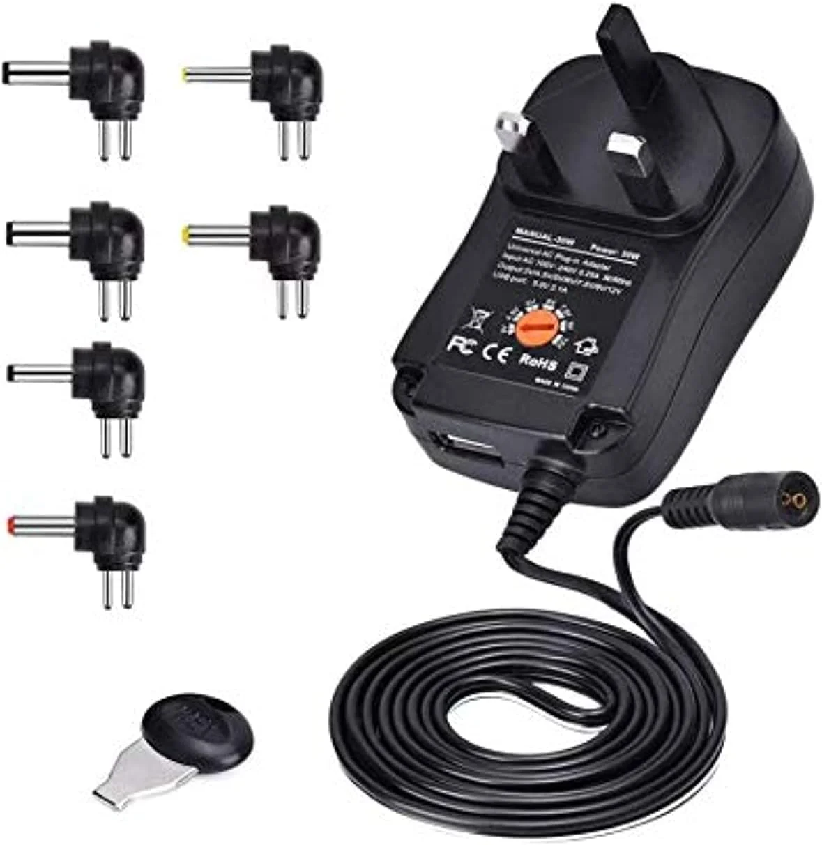 آداپتور یونیورسال 30 وات AC/DC، 3 ولت 4.5 ولت 6 ولت 9 ولت 12 ولت با 6 سر برای لوازم الکترونیکی خانگی (نوع دوشاخه: UK)، مشکی آداپتور یونیورسال 30 وات AC/DC، 3 ولت 4.5 ولت 6 ولت 9 ولت 12 ولت با 6 سر برای لوازم الکترونیکی خانگی (نوع دوشاخه: UK)، مشکی