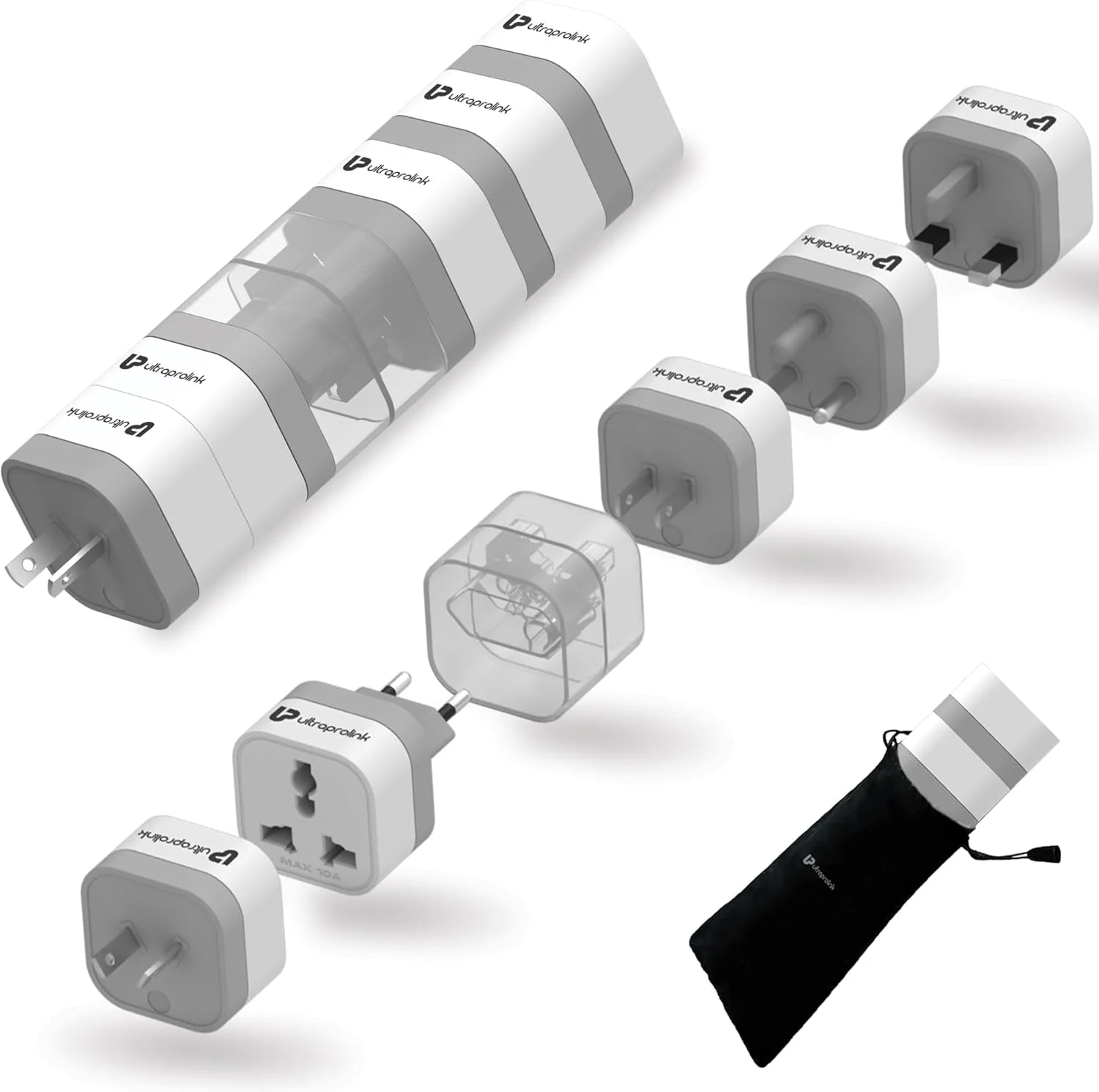 آداپتور برق مسافرتی جهانی UltraProlink، بسته 5 عددی تبدیل کننده جهانی AC، مناسب برای آمریکا، اروپا، انگلستان، کانادا، چین | مناسب برای موبایل، لپ تاپ، تبلت، 10 آمپر - 2500 وات | سفید | UM1164 Travel Qubes