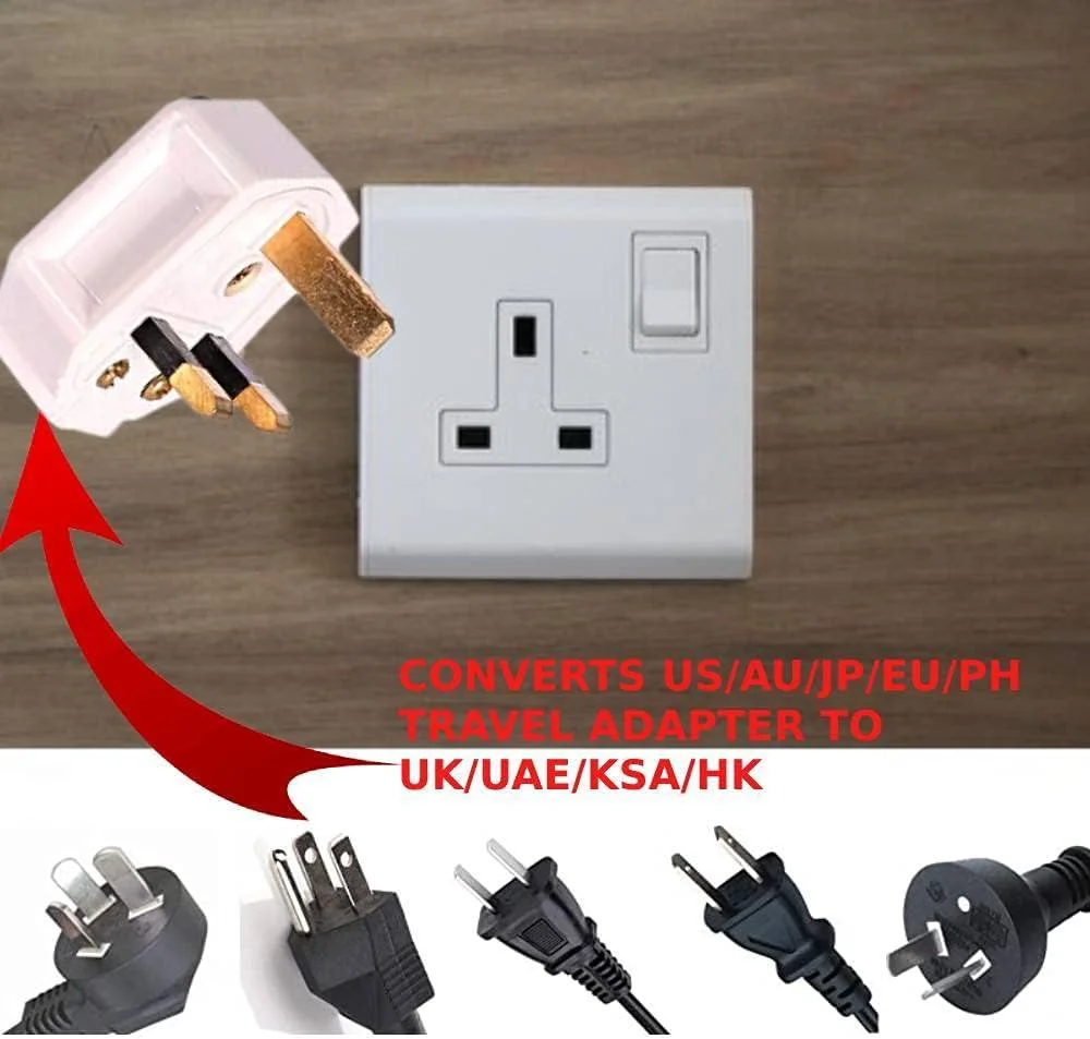 دوشاخه سفید 13 آمپر سه پین بریتانیا با فیوز، آداپتور مسافرتی برای تبدیل پریز امارات/بریتانیا/عربستان