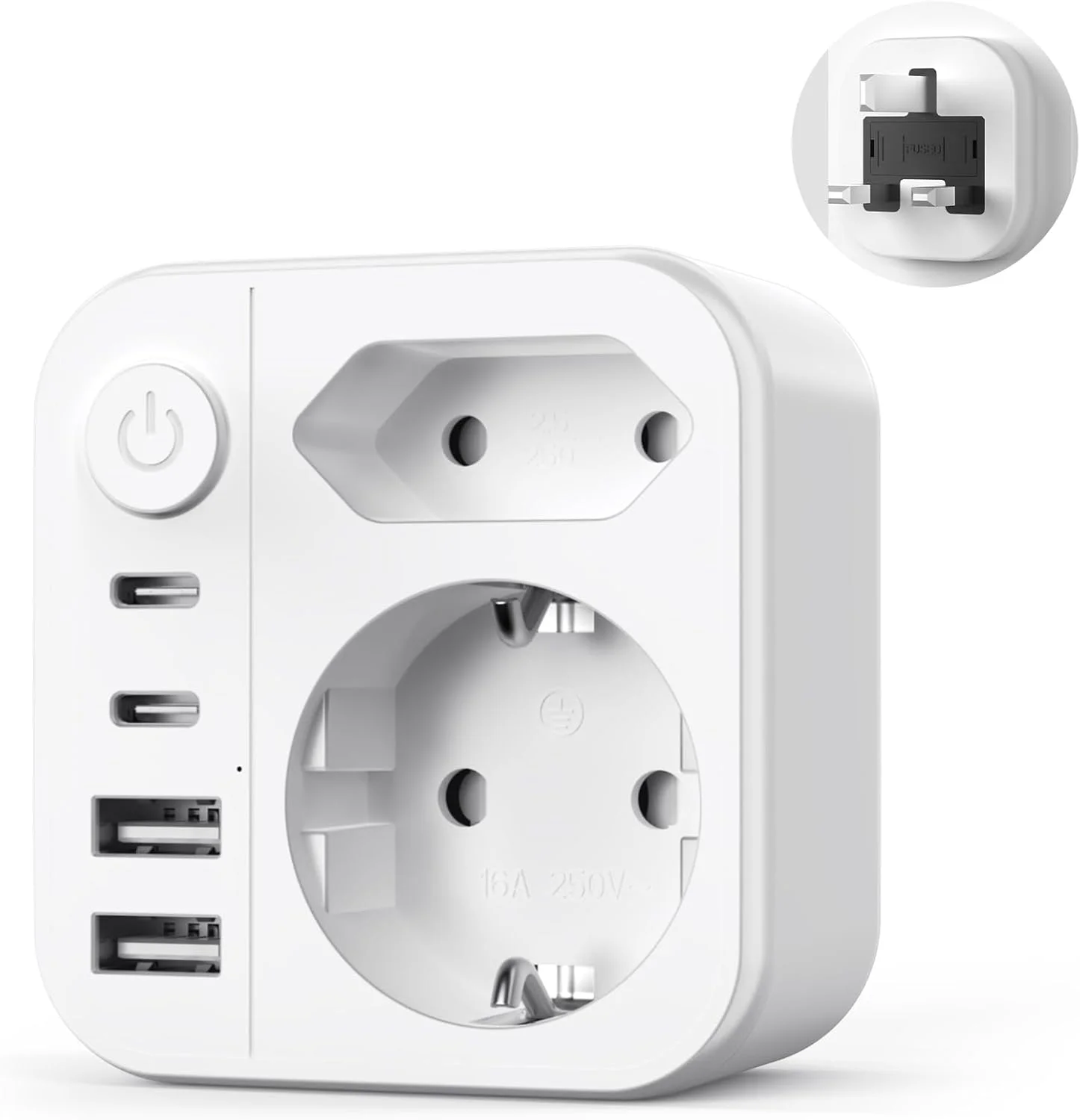 تبدیل دوشاخه مسافرتی 6 در 1 به دوشاخه بریتانیایی با 2 پورت USB A و 2 پورت USB C نوع G برای ایرلند، مالدیو، سنگاپور، دبی