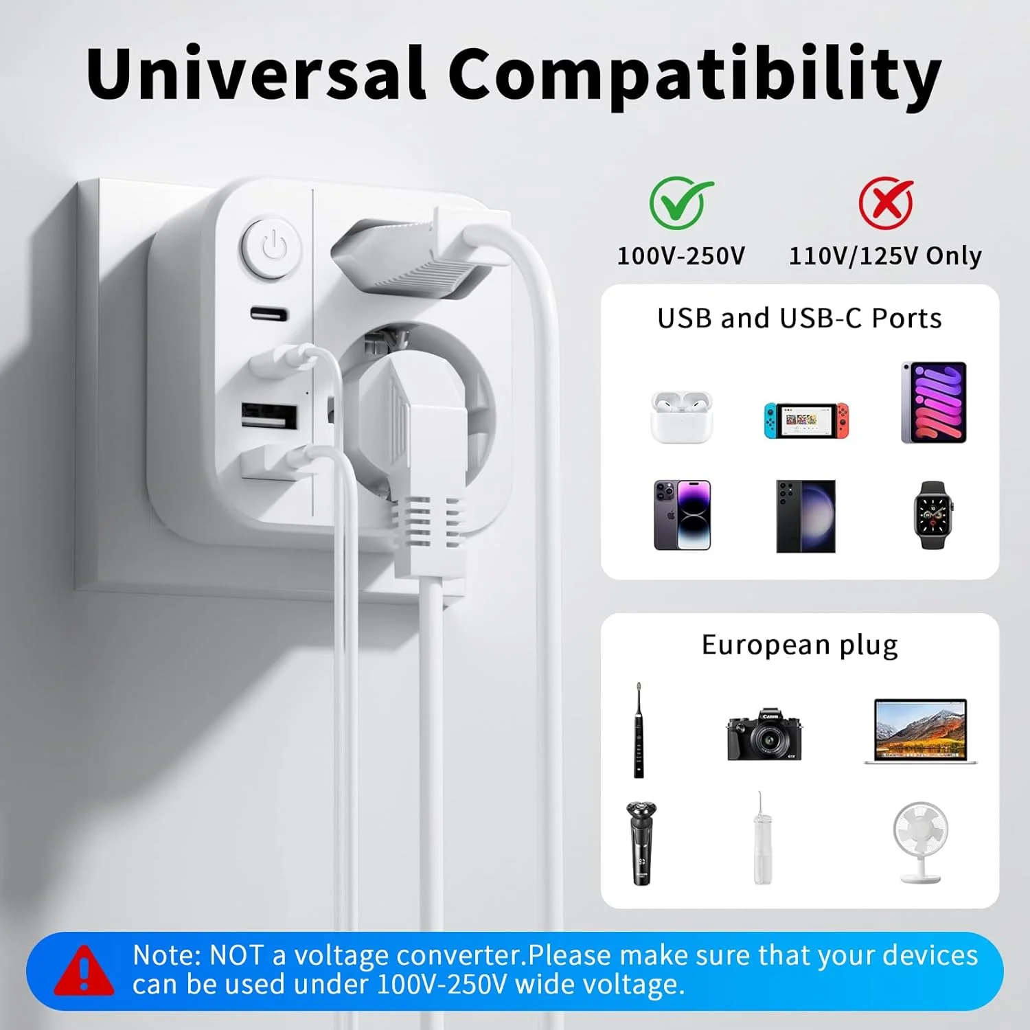 تبدیل دوشاخه مسافرتی 6 در 1 به دوشاخه بریتانیایی با 2 پورت USB A و 2 پورت USB C نوع G برای ایرلند، مالدیو، سنگاپور، دبی