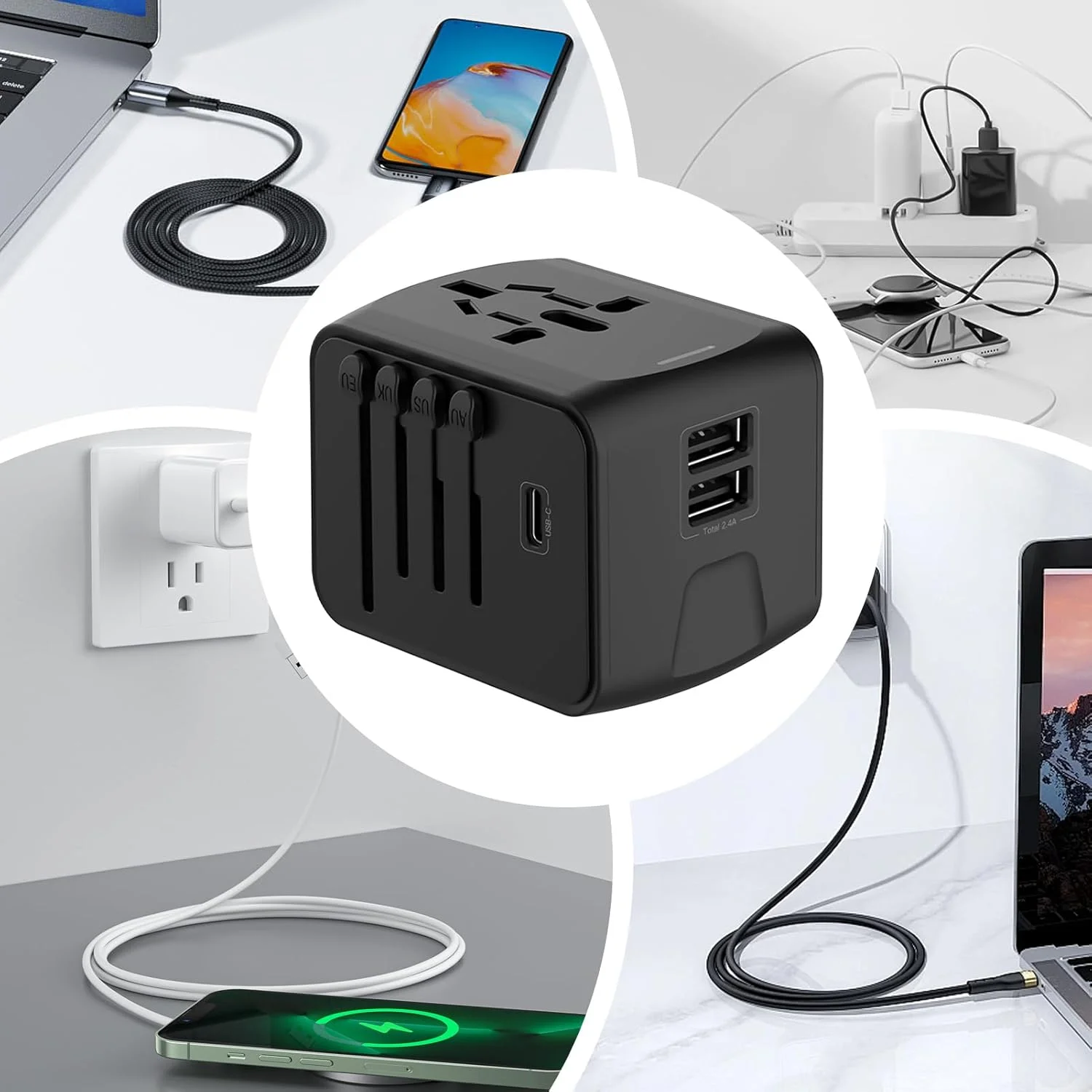 آداپتور دوشاخه مسافرتی، افزایش دهنده پریز، آداپتور USB قابل حمل با سوکت Type C برای لپ تاپ، تلفن، سفر، بانوان برای اروپا، انگلیس، آمریکا، استرالیا