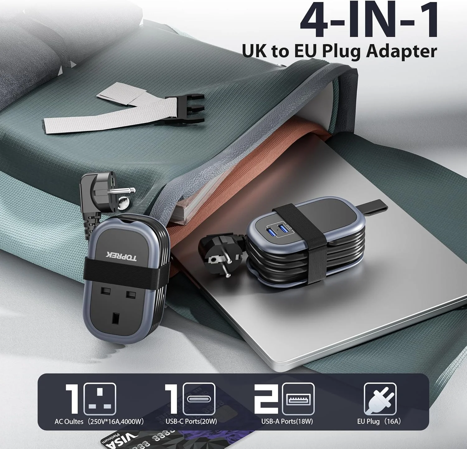 تبدیل دوشاخه بریتانیا به اروپا TOPREK با کابل 1.06 متری، شارژ سریع PD 38W، آداپتور مسافرتی بریتانیا به اروپا با 2 پورت USB-A و 1 پورت USB-C برای آلمان، فرانسه، اسپانیا، ترکیه، یونان، ایسلند و غیره (نوع E/F)