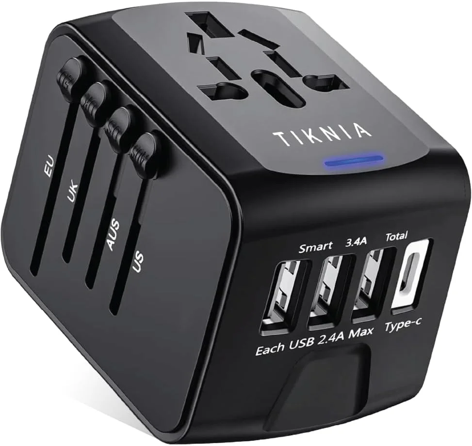 آداپتور مسافرتی TIKNIA، آداپتور مسافرتی جهانی - 3 پورت USB + 1 پورت Type C در یک شارژر مسافرتی با دوشاخه ها و پریزهای UK/US/AUS/EU، شارژر دیواری آداپتور برق بین المللی (مشکی Type-c)