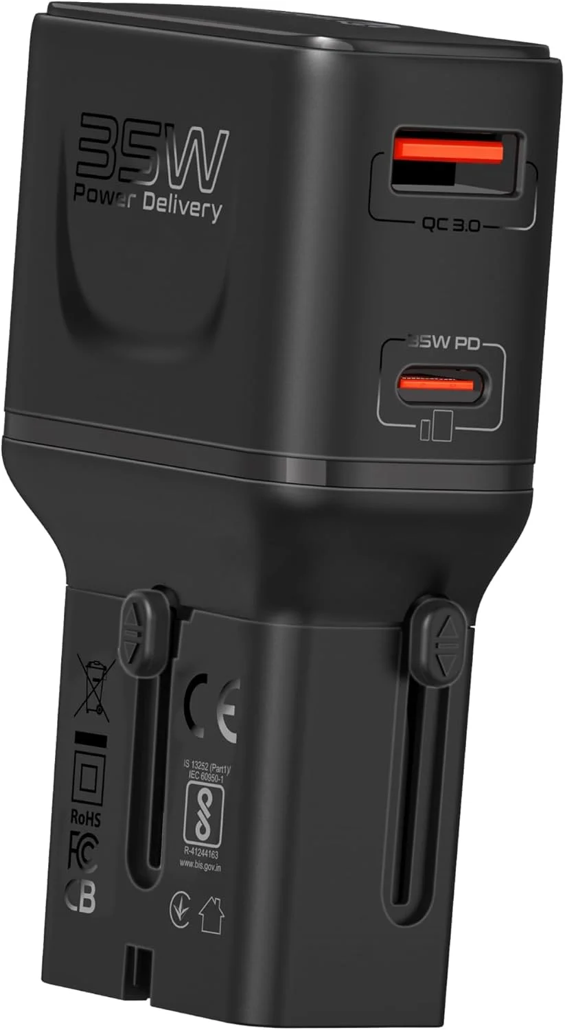 آداپتور مسافرتی پرومیت، شارژر مسافرتی جهانی 100V-240V AC با پین های جمع شونده یکپارچه US/UK/EU/AU، پورت USB-C فوق سریع PD35W، پورت QC با سرعت بالا PD18W، کیف مسافرتی، TriPlug-PD35 مشکی