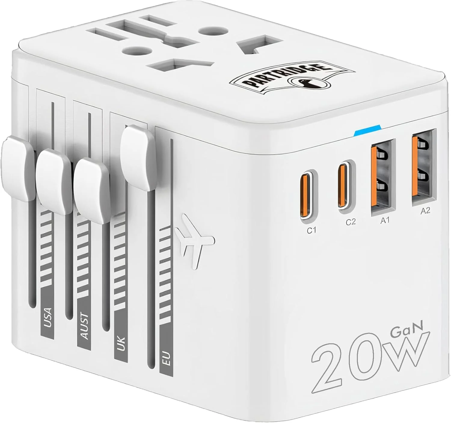 آداپتور مسافرتی جهانی پارتریج، 20 وات، 4 پورت USB، سازگار با بیش از 150 کشور، آداپتورهای برق بین المللی، سفید