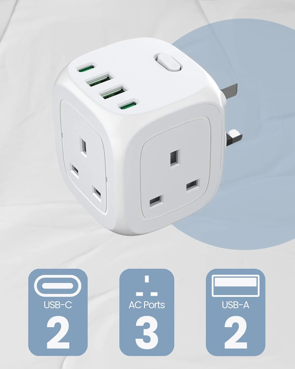 آداپتور افزایش دهنده پریز برق – سه راهی پریز برق بریتانیایی با 3 خروجی AC، 2 پورت USB-A و 2 پورت شارژ Type-C – شارژر دیواری برای خانه، دفتر، آشپزخانه آداپتور افزایش دهنده پریز برق – سه راهی پریز برق بریتانیایی با 3 خروجی AC، 2 پورت USB-A و 2 پورت شارژ Type-C – شارژر دیواری برای خانه، دفتر، آشپزخانه