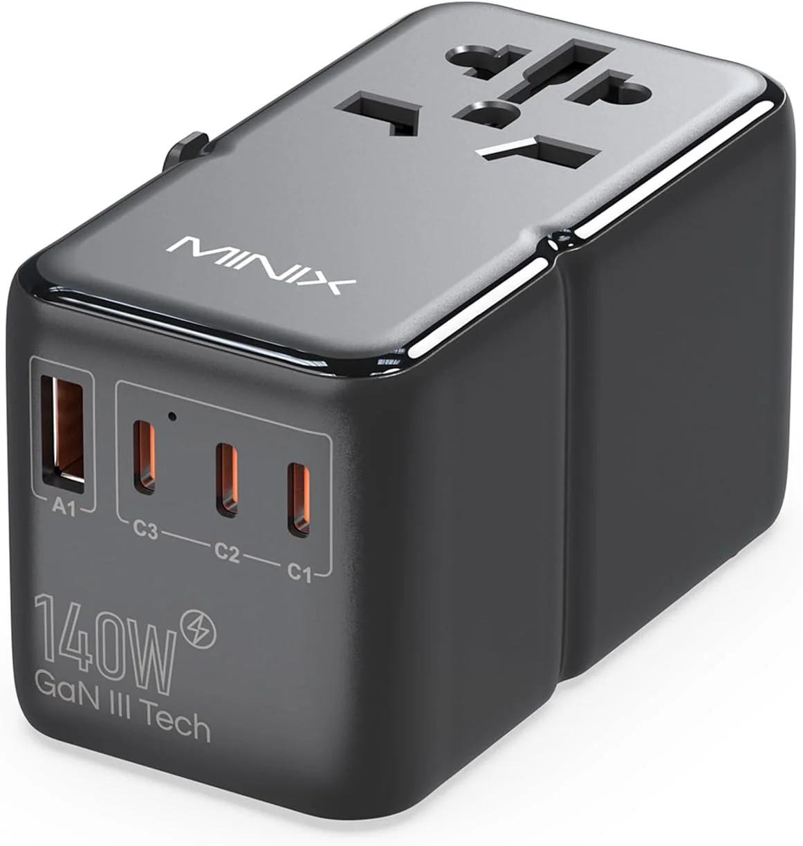 آداپتور برق مسافرتی جهانی 140 واتی MINIX، آداپتور برق بین المللی GaN III، دارای 3 پورت USB-C، 1 پورت USB-A، پریز AC، شارژر مسافرتی برای دوربین، لپ تاپ، تبلت، تلفن و غیره