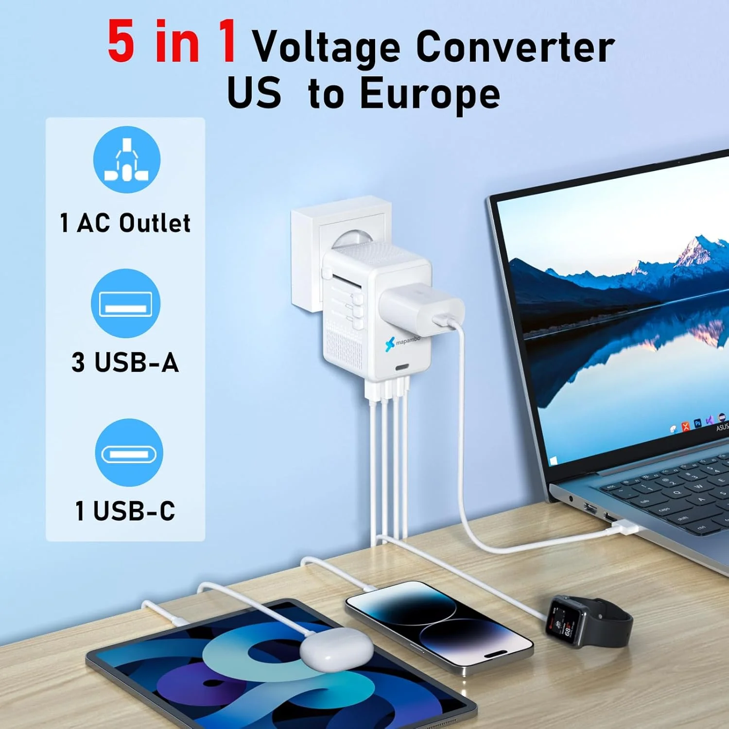 آداپتور برق مسافرتی کاهنده ولتاژ 220 ولت به 110 ولت Mapambo، آداپتور برق بین المللی برای سشوار با 3 پورت USB A و 1 پورت USB C، آداپتور جهانی دوشاخه US/UK/AU/IT/EU (سفید) آداپتور برق مسافرتی کاهنده ولتاژ 220 ولت به 110 ولت Mapambo، آداپتور برق بین المللی برای سشوار با 3 پورت USB A و 1 پورت USB C، آداپتور جهانی دوشاخه US/UK/AU/IT/EU (سفید)