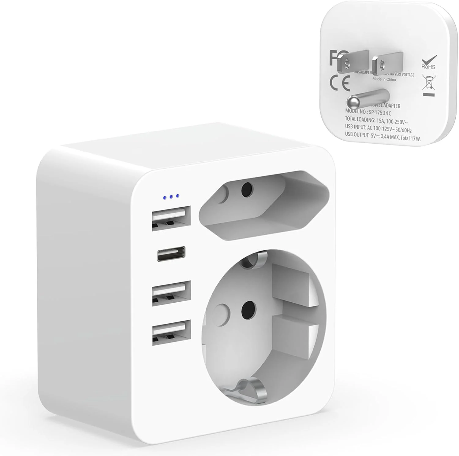 آداپتور مسافرتی 6 در 1 Hoppac از فرانسه به آمریکا با 3 پورت USB A و 1 پورت USB C (3.4 آمپر 17 وات)، قابل حمل، چند منظوره، نوع B