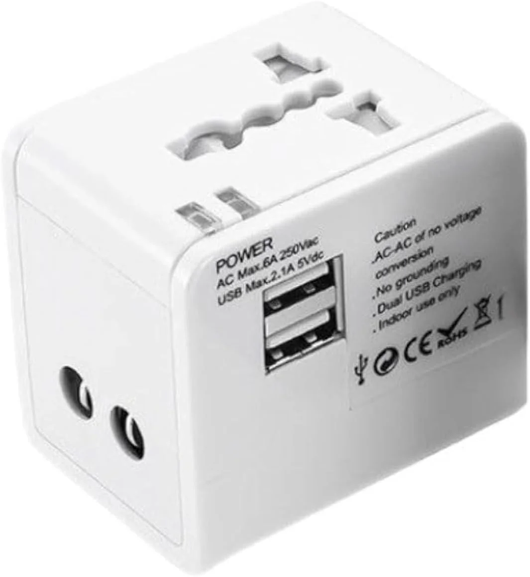 آداپتور مسافرتی جهانی HQue با پورت های USB، آداپتور مسافرتی بین المللی، سازگار با پریزهای برق ایالات متحده/انگلستان/اروپا/استرالیا/کشورهای حوزه خلیج فارس/آسیا (1500 وات، 250 ولت)، در بیش از 180 کشور جهان پرانرژی بمانید (سفید)