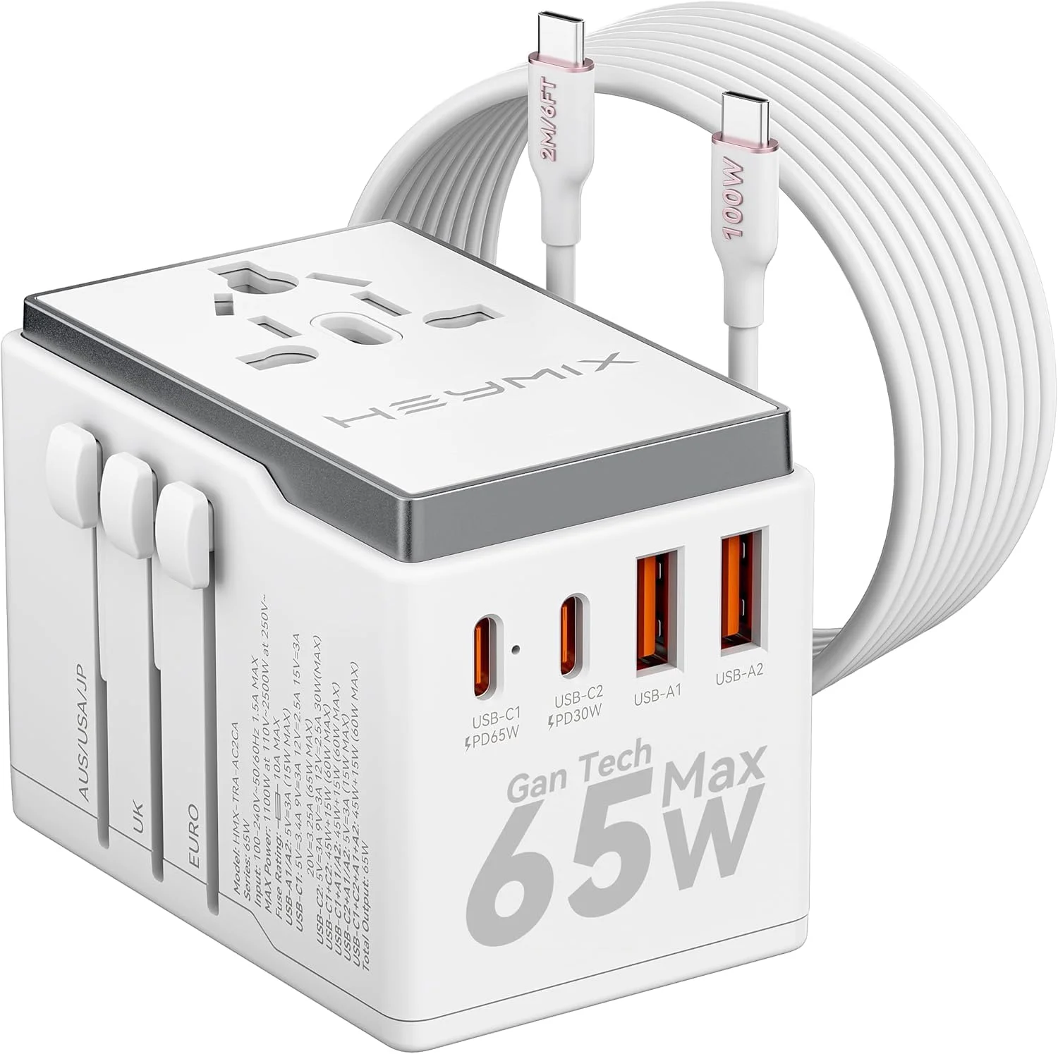 آداپتور مسافرتی جهانی HEYMIX LIFE - شارژر مسافرتی 65 واتی USB-C، آداپتور برق بین المللی 45W/30W/25W/20W با شارژ سریع USB C، دوشاخه برای شارژر GaN ایالات متحده/انگلستان/اتحادیه اروپا