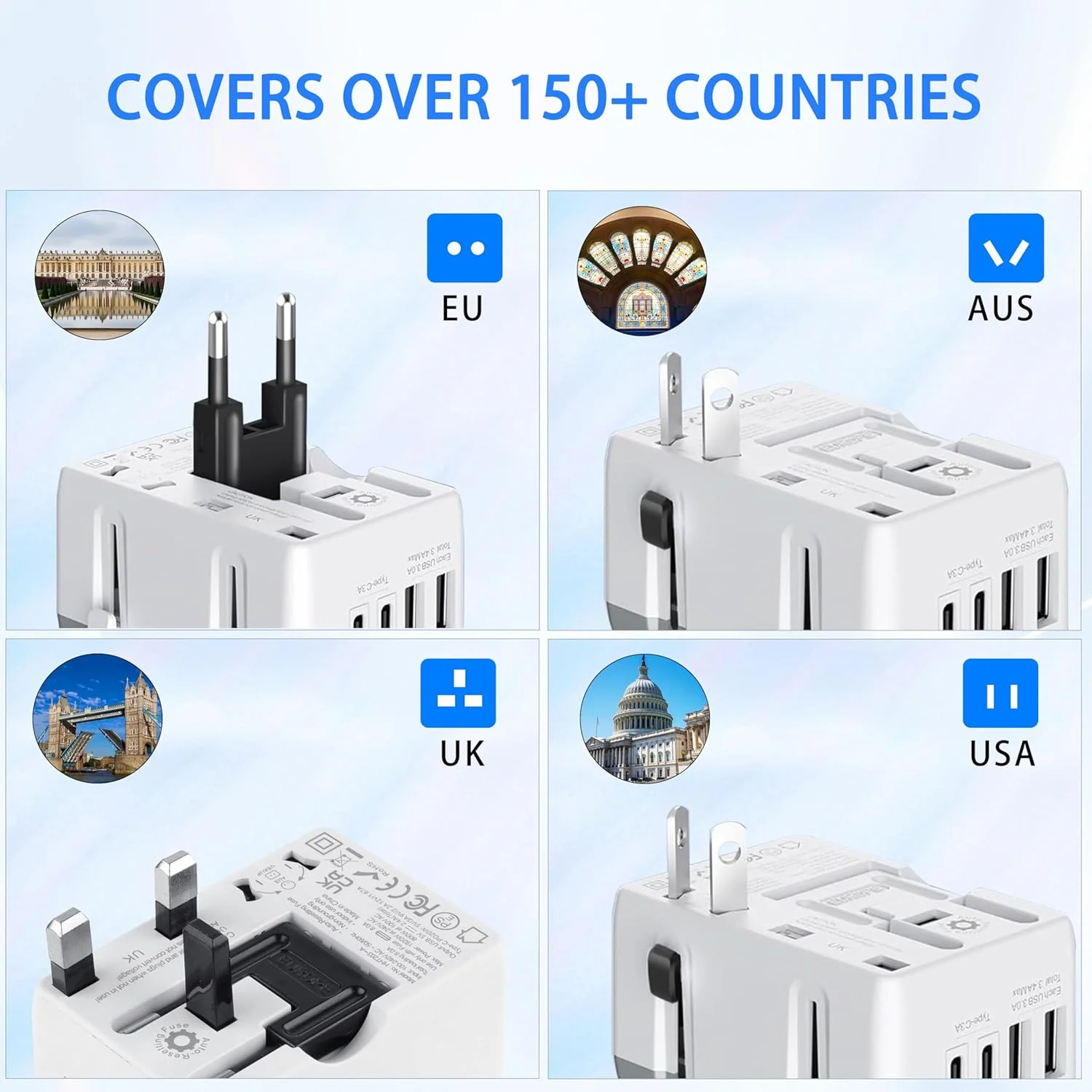 آداپتور مسافرتی جهانی گلوبکس، آداپتور دوشاخه بین المللی، آداپتور دوشاخه جهانی با 2 پورت USB-C و 2 پورت USB-A، آداپتور مسافرتی بین المللی برای اتحادیه اروپا، استرالیا، انگلستان، ایالات متحده آمریکا، شارژر پریز برق برای کشورهای مختلف آداپتور مسافرتی جهانی گلوبکس، آداپتور دوشاخه بین المللی، آداپتور دوشاخه جهانی با 2 پورت USB-C و 2 پورت USB-A، آداپتور مسافرتی بین المللی برای اتحادیه اروپا، استرالیا، انگلستان، ایالات متحده آمریکا، شارژر پریز برق برای کشورهای مختلف