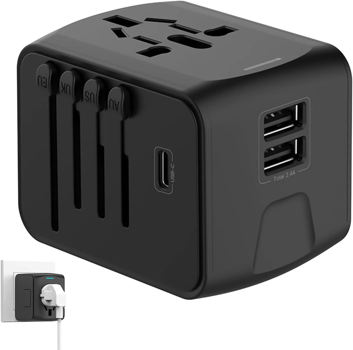 آداپتور دوشاخه برق - پریز دیواری، آداپتور USB Type C قابل حمل با پورت های متعدد برای سفر، تلفن، لپ تاپ برای اتحادیه اروپا، انگلستان، ایالات متحده آمریکا، استرالیا