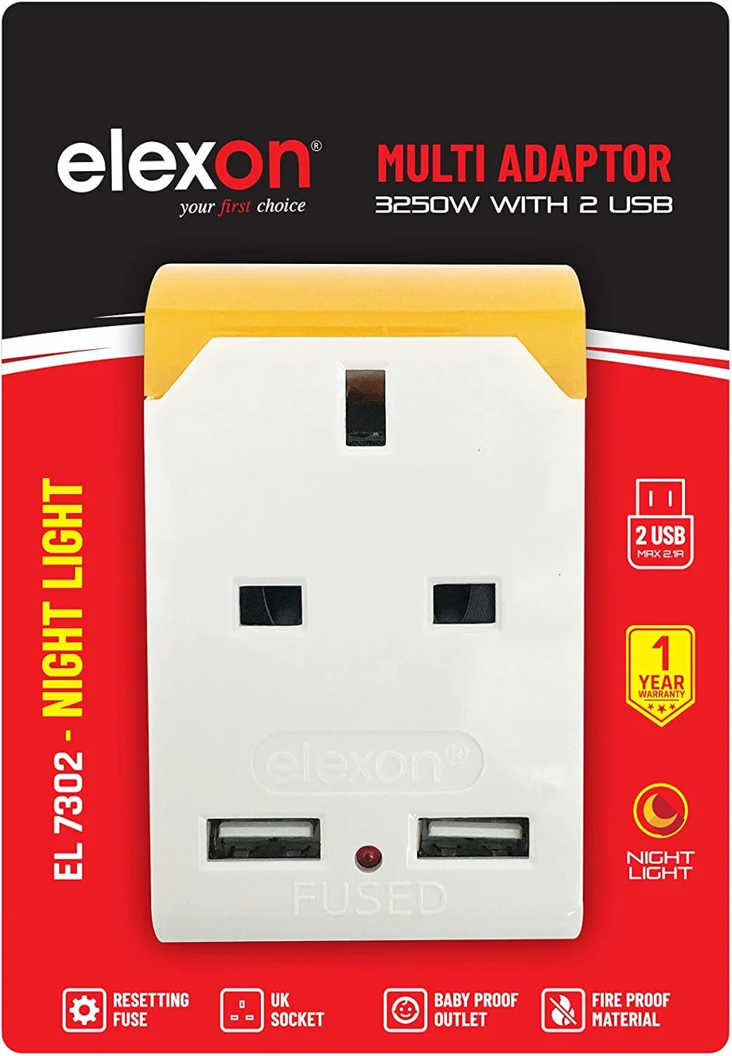 آداپتور چند منظوره Elexon با 2 پورت USB برای شارژ سریع UK/UAE و پورت Type-C به همراه چراغ خواب