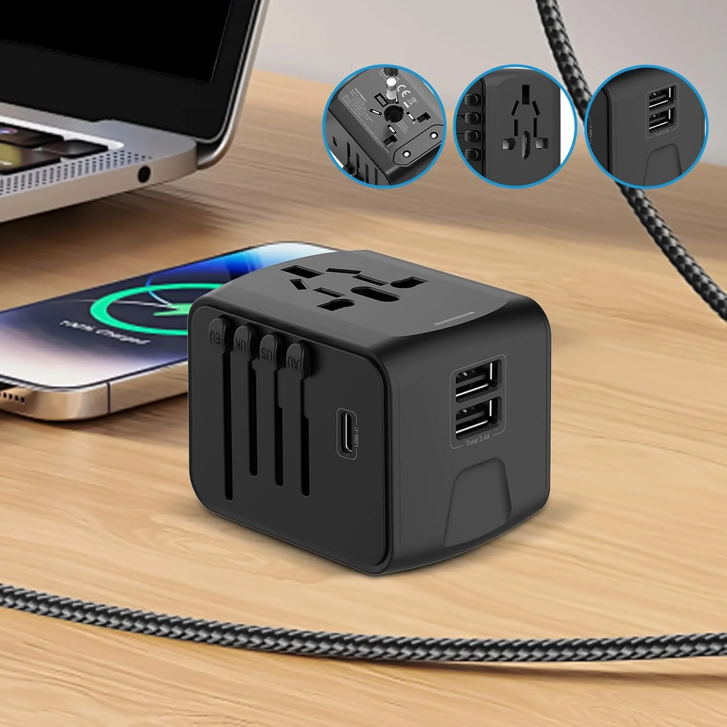 آداپتور دوشاخه برقی - افزایش دهنده پریز، سوکت آداپتور USB نوع C قابل حمل برای لپ تاپ مسافرت