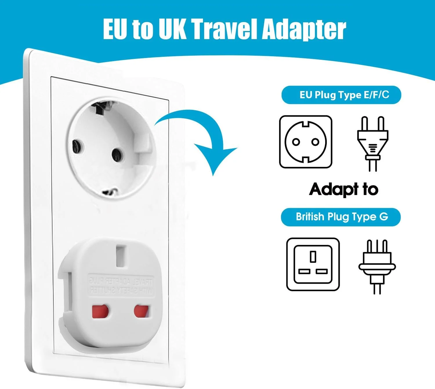eeQiu [بسته 3 عددی] آداپتور مسافرتی بریتانیا به دوشاخه اروپایی، مبدل بریتانیا به اروپا نوع C/E/F برای اسپانیا، فرانسه، ایتالیا، پرتغال، لهستان، یونان، هلند، ترکیه و غیره.