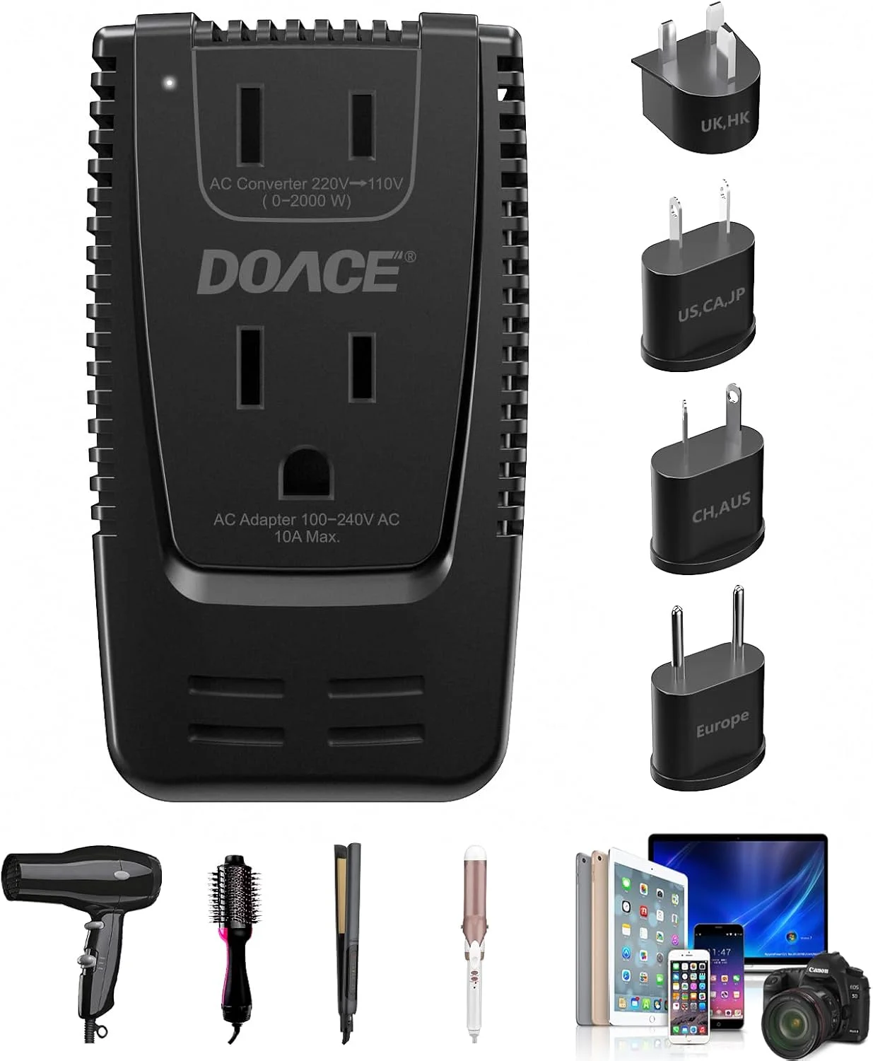 تبدیل کننده ولتاژ 220 ولت به 110 ولت DOACE، مبدل ولتاژ مسافرتی C13 0-2000W برای سشوار، صاف کننده مو، فر کننده مو، ریش تراش برقی، مسواک، CPAP، آداپتور برق ایالات متحده به اتحادیه اروپا/انگلستان/استرالیا برای لپ تاپ، تبلت، دوربین، تلفن همراه