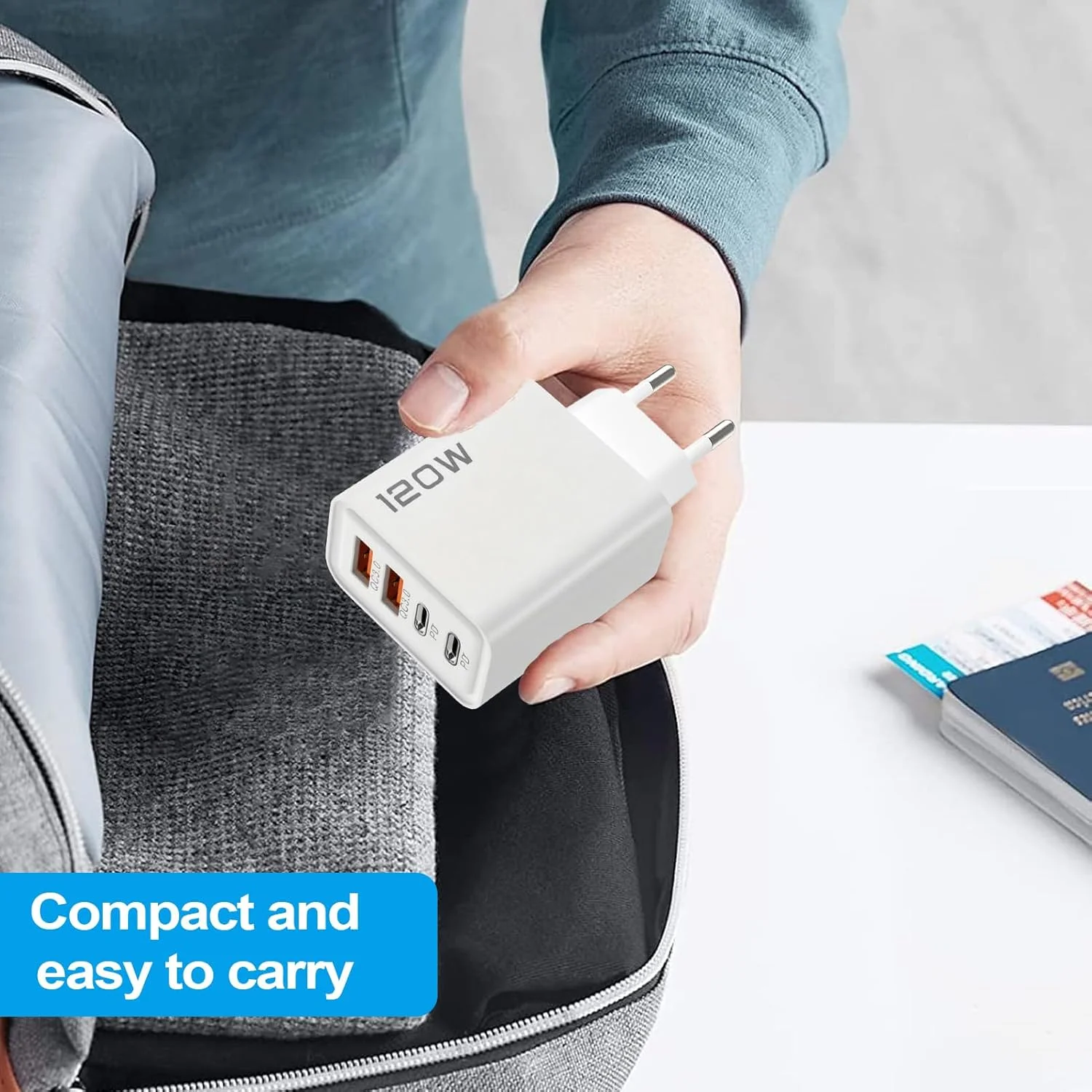 آداپتور دوشاخه دیواری - آداپتور شارژ سریع 120 وات با پورت‌های Type-C و USB، جمع و جور برای مسافرت، منزل و محل کار