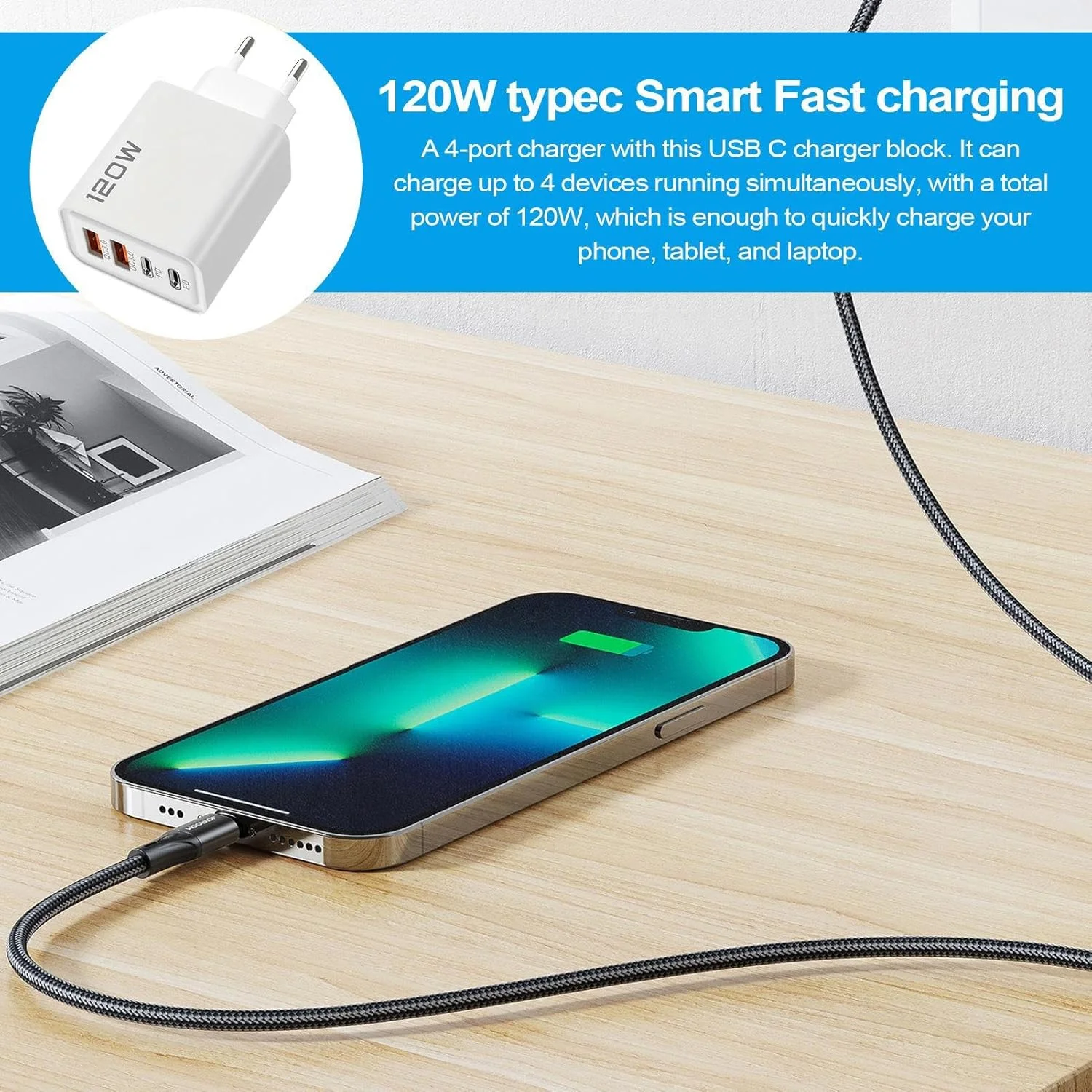 آداپتور دوشاخه دیواری - آداپتور شارژ سریع 120 وات با پورت‌های Type-C و USB، جمع و جور برای مسافرت، منزل و محل کار