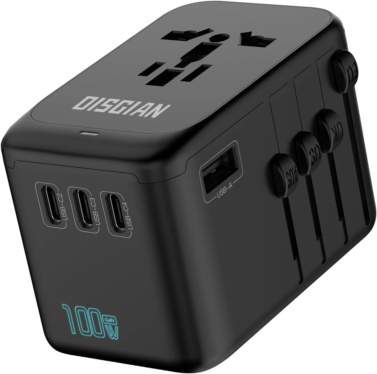 آداپتور مسافرتی جهانی DISGIAN، آداپتور برق بین المللی 100 واتی GaN با شارژ فوق العاده سریع 4 پورت Type-C و USB-A برای تلفن ها، لپ تاپ ها، پریز برق AC مسافرتی در سراسر جهان برای اروپا ایالات متحده آمریکا انگلستان استرالیا آسیا