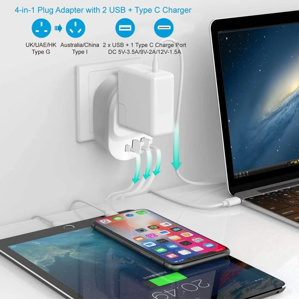 آداپتور دوشاخه مسافرتی DentJet امارات/عربستان/انگلیس به استرالیا/چین با 2 پورت USB + 1 پورت Type C، سوکت برق توسعه دهنده دیواری جمع و جور، 18 وات، محافظت ایمنی الکتریکی و مقاوم در برابر آتش برای مسافرت، دفتر و خانه