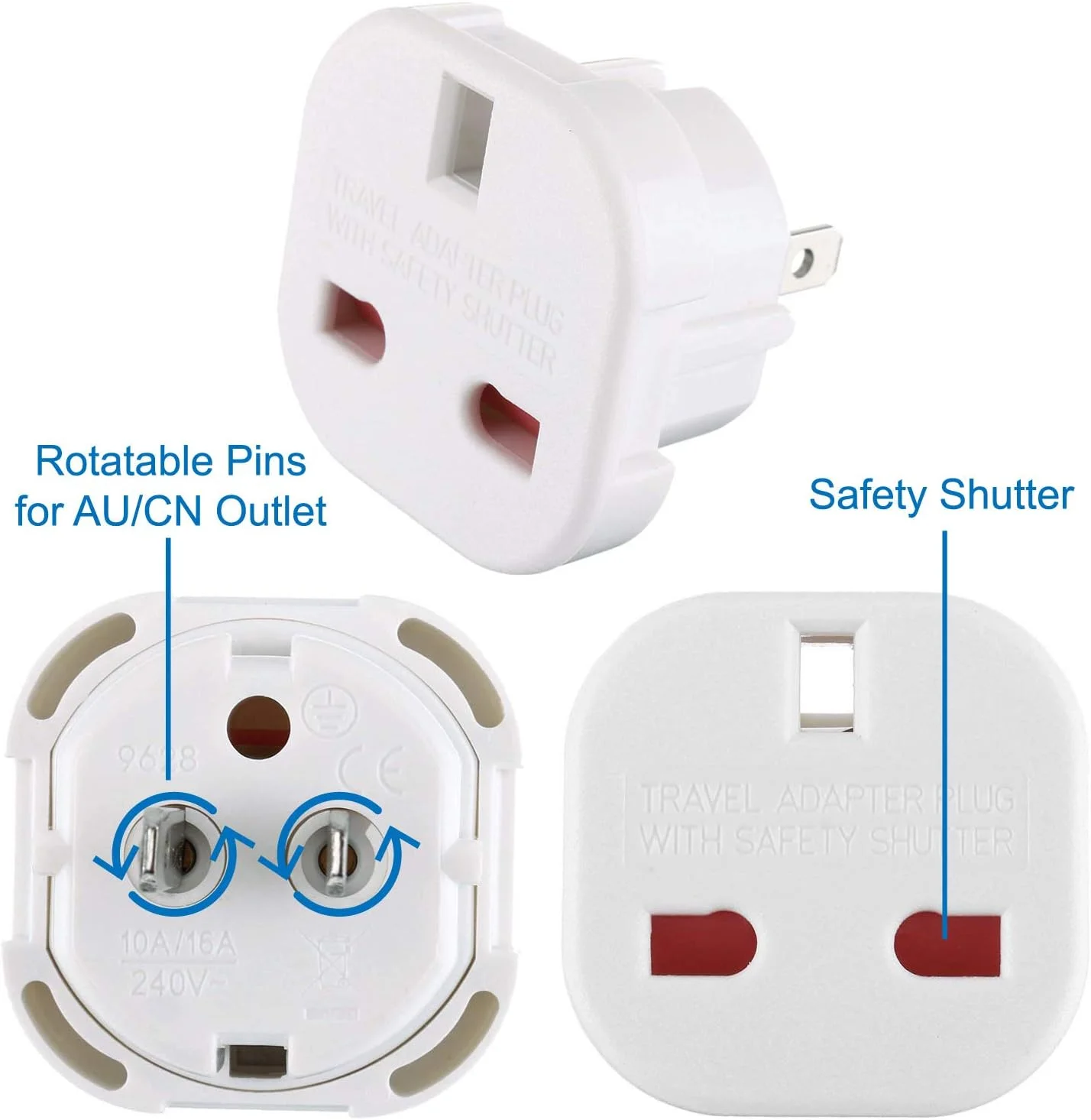 آداپتور دوشاخه مسافرتی دنت جت UK به US با شاتر ایمنی و پین های چرخشی، مناسب برای افراد از UK/EU/UAE/KSA/HK/سنگاپور که به ایالات متحده/ژاپن/کانادا/استرالیا/چین و غیره سفر می کنند (3 عدد)