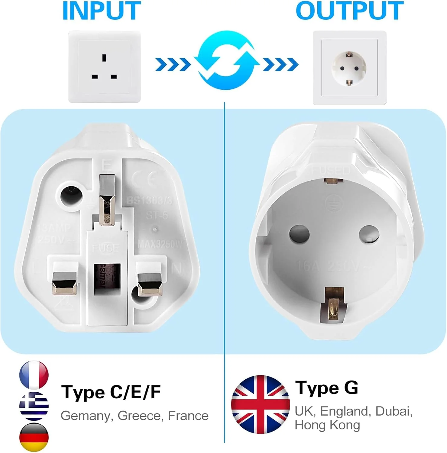 تبدیل دوشاخه اروپایی به دوشاخه بریتانیایی دفسدر، بسته 2 عددی - مبدل برق EU به UK ارت دار، آداپتور مسافرتی 3 پین نوع G برای فرانسه، ایتالیا، اسپانیا، آلمان و غیره - دوشاخه بین المللی جهانی