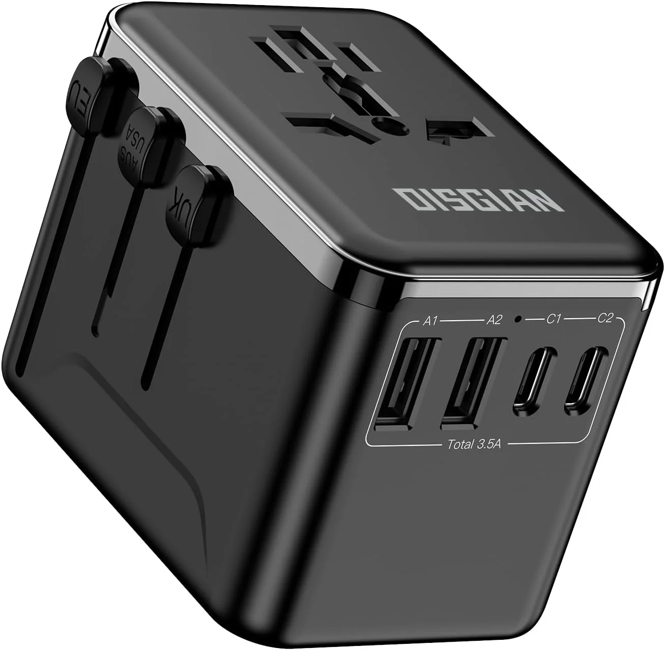 آداپتور مسافرتی، آداپتور برق جهانی با شارژر فوق العاده سریع 2 پورت Type-C و 2 پورت USB-A برای تلفن، لپ تاپ، تبلت، دوشاخه مسافرتی جهانی برای Type A/C/G/I ایالات متحده آمریکا، ژاپن، انگلستان، اتحادیه اروپا، استرالیا (مشکی)