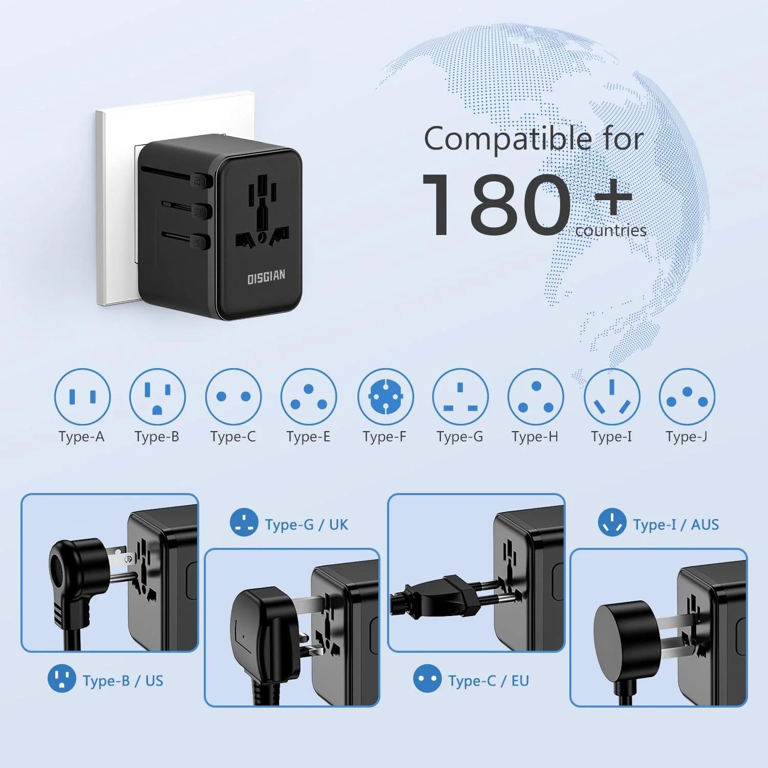 آداپتور مسافرتی، آداپتور برق جهانی با شارژر فوق العاده سریع 2 پورت Type-C و 2 پورت USB-A برای تلفن، لپ تاپ، تبلت، دوشاخه مسافرتی جهانی برای Type A/C/G/I ایالات متحده آمریکا، ژاپن، انگلستان، اتحادیه اروپا، استرالیا (مشکی)