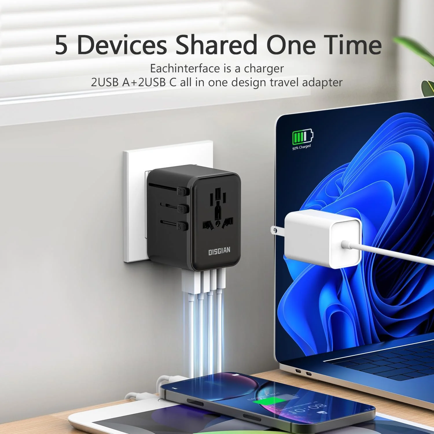 آداپتور مسافرتی، آداپتور برق جهانی با شارژر فوق العاده سریع 2 پورت Type-C و 2 پورت USB-A برای تلفن، لپ تاپ، تبلت، دوشاخه مسافرتی جهانی برای Type A/C/G/I ایالات متحده آمریکا، ژاپن، انگلستان، اتحادیه اروپا، استرالیا (مشکی)