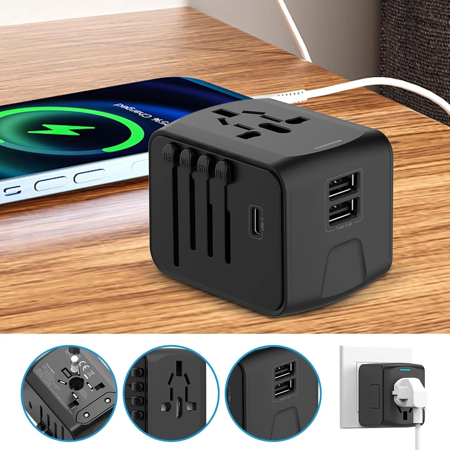 تبدیل دوشاخه، سوکت شارژر | آداپتور قابل حمل USB Type C برای سفر مردان و زنان با لپ تاپ و تلفن برای سفر به اروپا، انگلستان، آمریکا و استرالیا