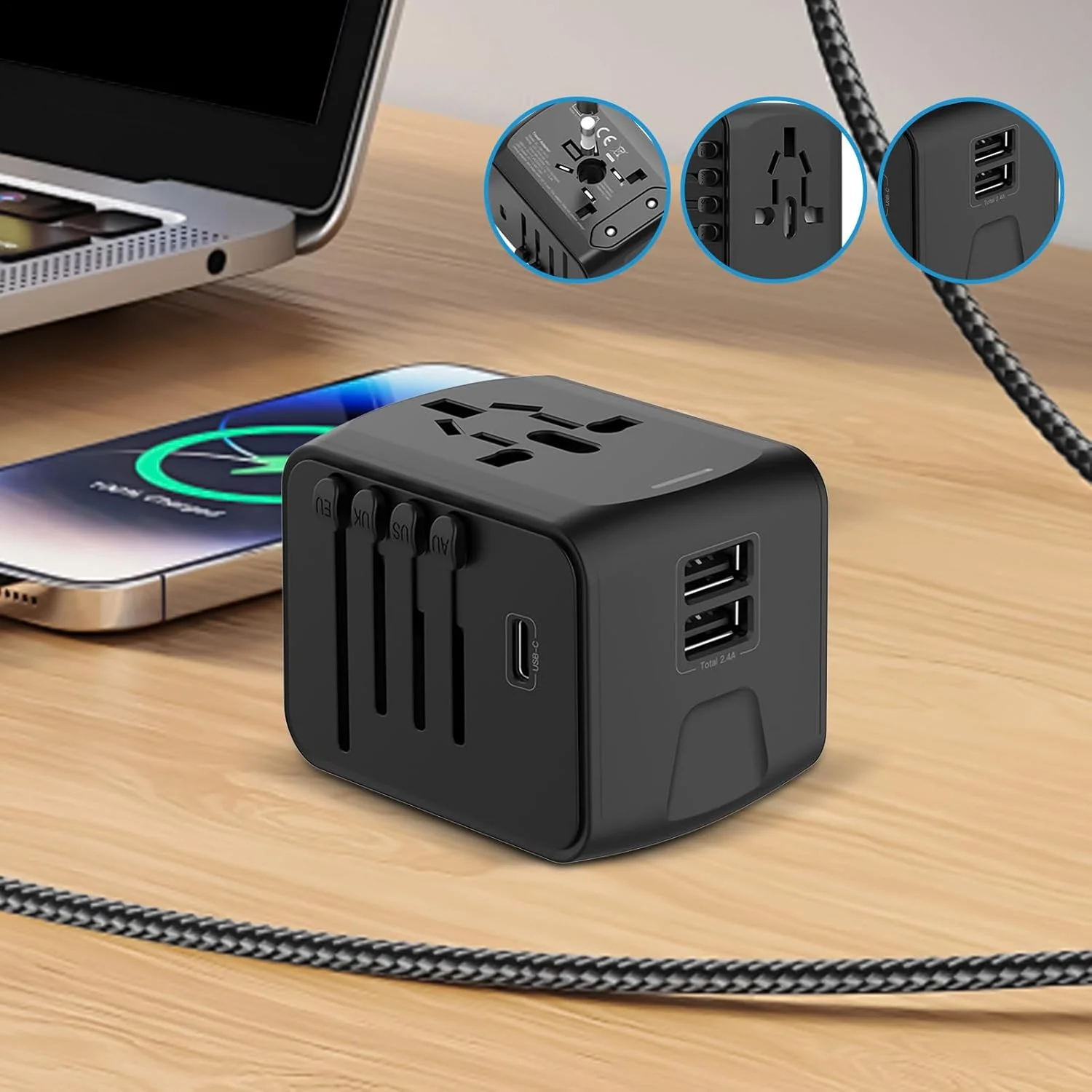 تبدیل کننده دوشاخه | پریز کابل شارژ | آداپتور USB سوکت قابل حمل تایپ C برای لپ تاپ مسافرت