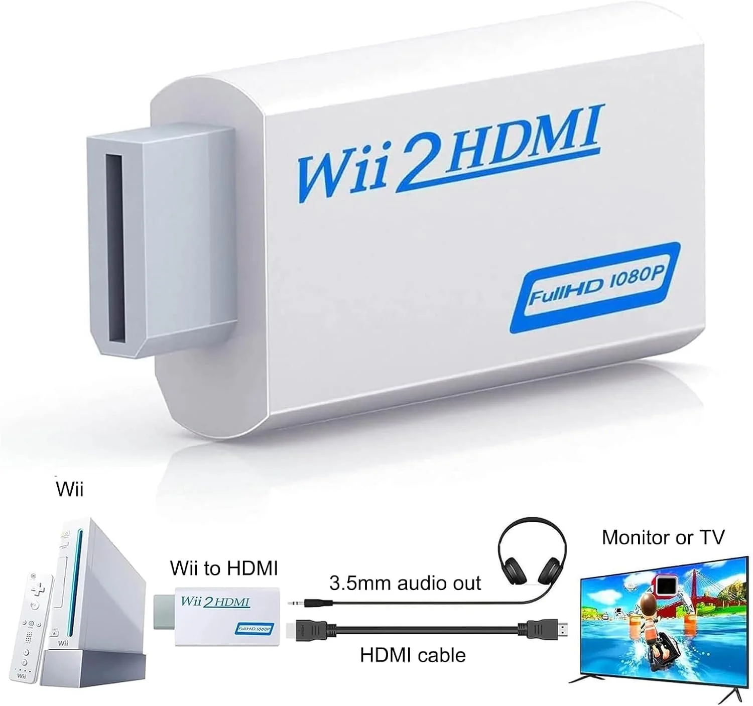 تبدیل کننده Wii به HDMI، آداپتور Wii به HDMI، پشتیبانی از 1080P/720P، خروجی ویدیو با صدای 3.5 میلی متری برای تمام حالت های Wii - آداپتور HDMI با کیفیت بالا (سفید)