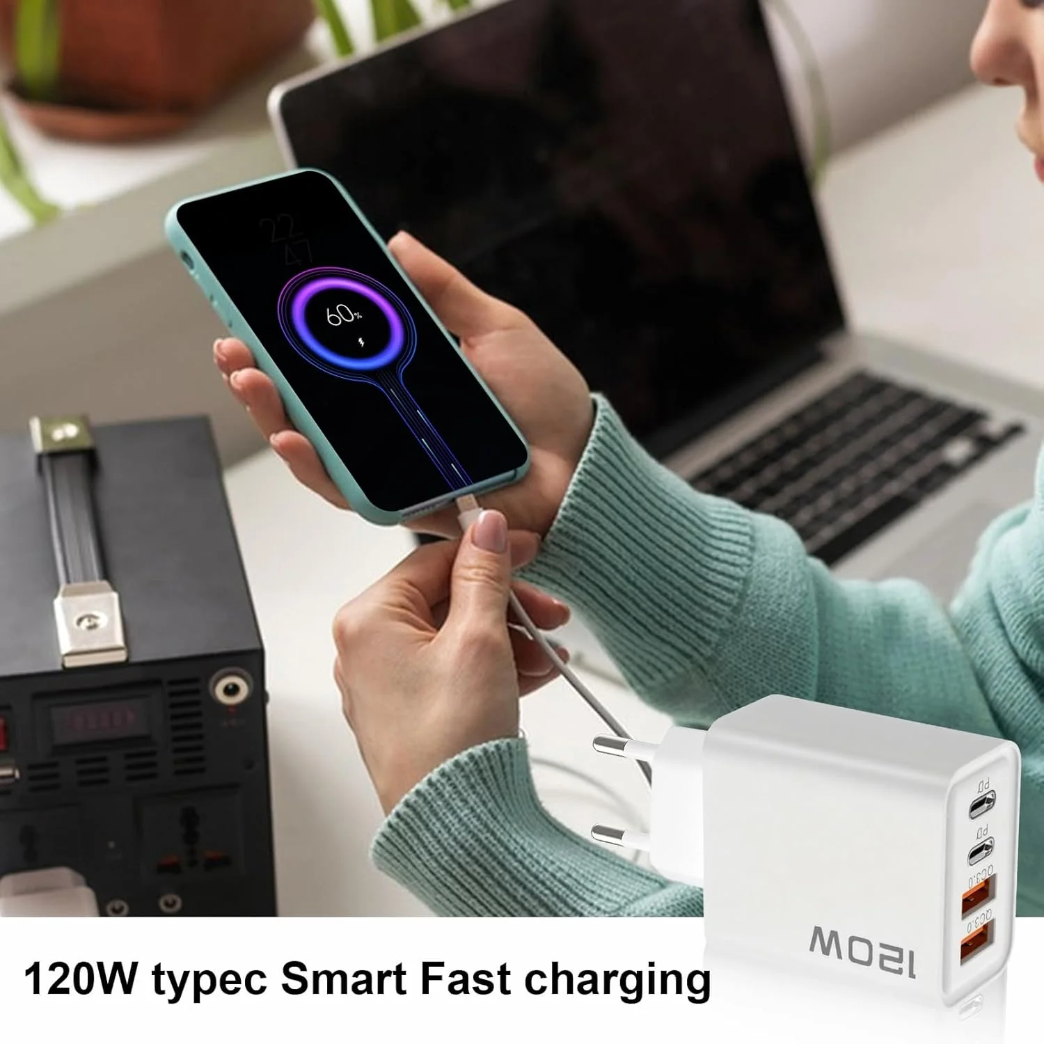 آداپتور شارژ سریع، آداپتور شارژر 120 واتی تبدیل کننده USB Type-C، دوشاخه دیواری جمع و جور برای پریز برق مناسب مسافرت، حمام، خانه، آقایان و بانوان