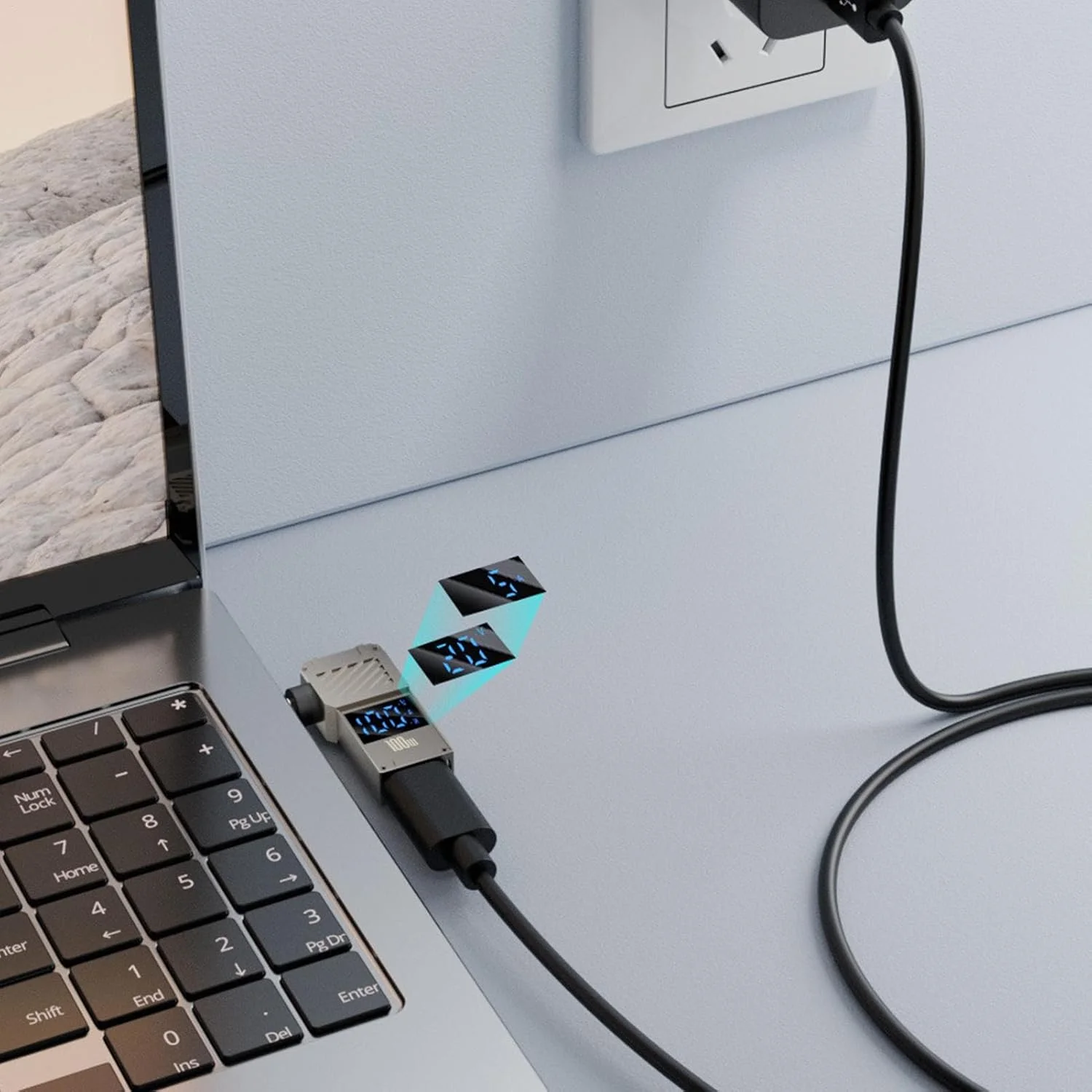 آداپتور شارژ برای لپ تاپ - تبدیل کننده 100 واتی تایپ سی به دی سی با نمایشگر دیجیتال، پلاگین قابل حمل برای لپ تاپ، مناسب منزل و مسافرت