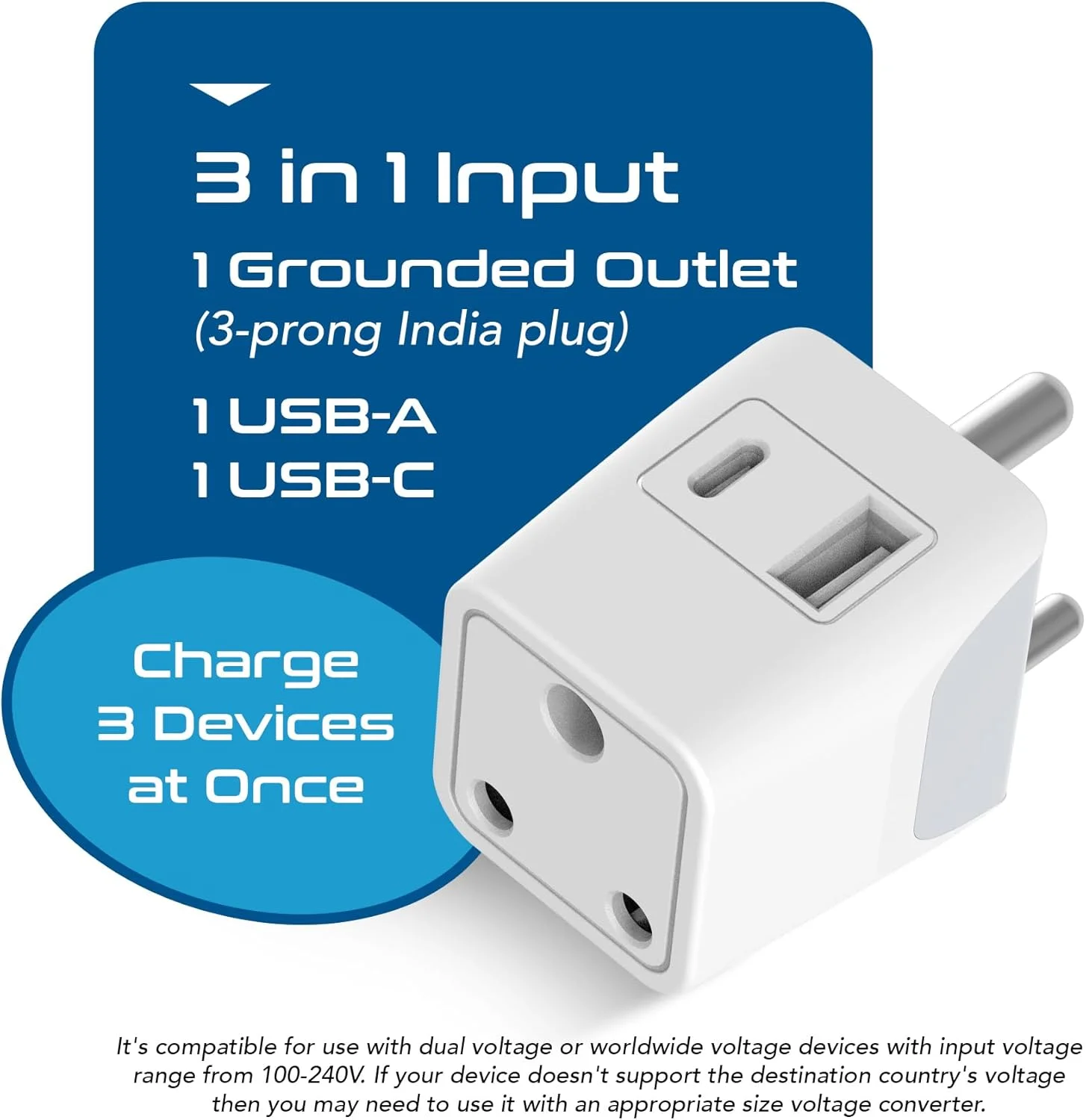 تبدیل چند شاخه ای سپتیکس با پورت USB-C، تبدیل 3 در 1، تبدیل سه پین، تبدیل دوشاخه هند به نوع D برای لپ تاپ، تلفن، CE - RoHS، سفید - 1 عدد