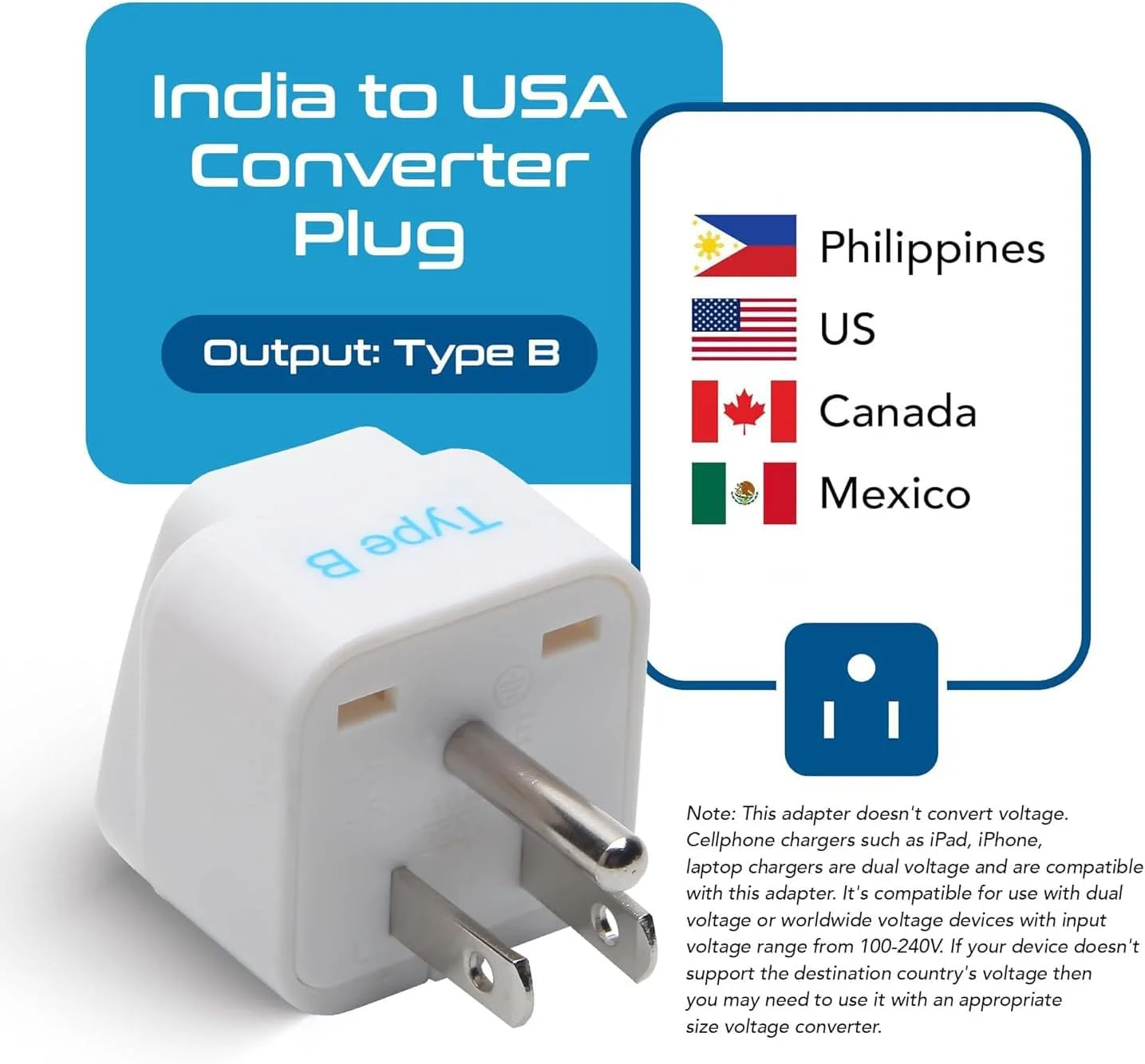 تبدیل دوشاخه هند به آمریکا سپتیکس، آداپتور مسافرتی برای آمریکا، ژاپن، فیلیپین، کانادا - نوع B - دارای گواهی CE - سازگار با RoHS - سفید