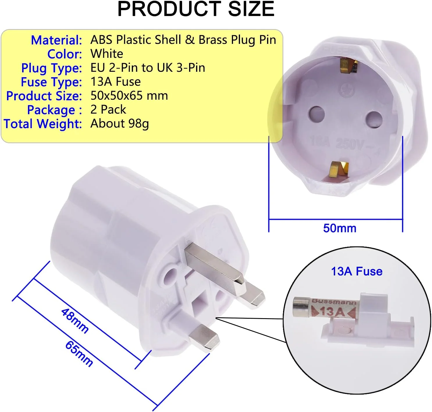 تبدیل دوشاخه EU به UK با فیوز، تبدیل دوشاخه به سه شاخه 13 آمپر 250 ولت ارت دار، آداپتور مسافرتی قاره ای نوع C E F به نوع G - سفید، بسته 2 عددی
