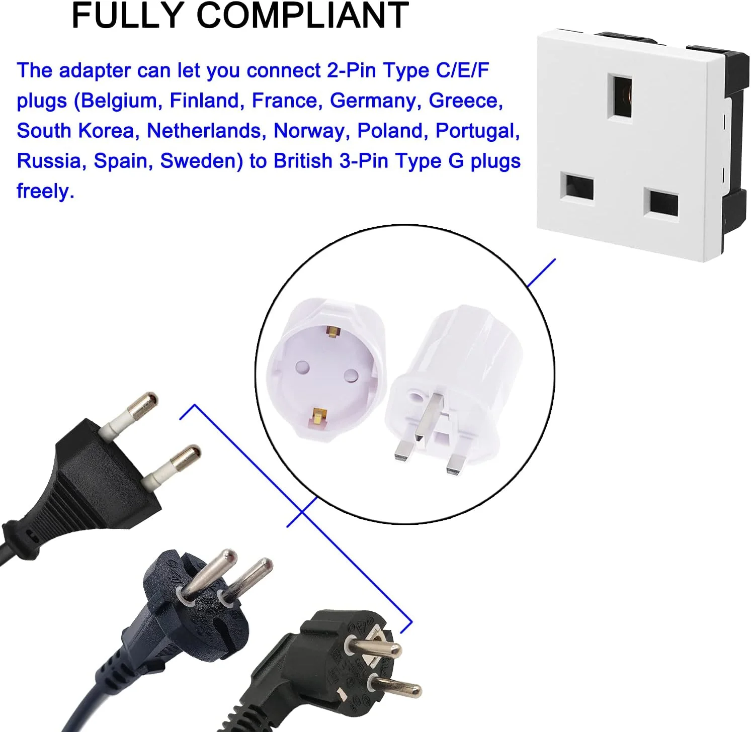 تبدیل دوشاخه EU به UK با فیوز، تبدیل دوشاخه به سه شاخه 13 آمپر 250 ولت ارت دار، آداپتور مسافرتی قاره ای نوع C E F به نوع G - سفید، بسته 2 عددی