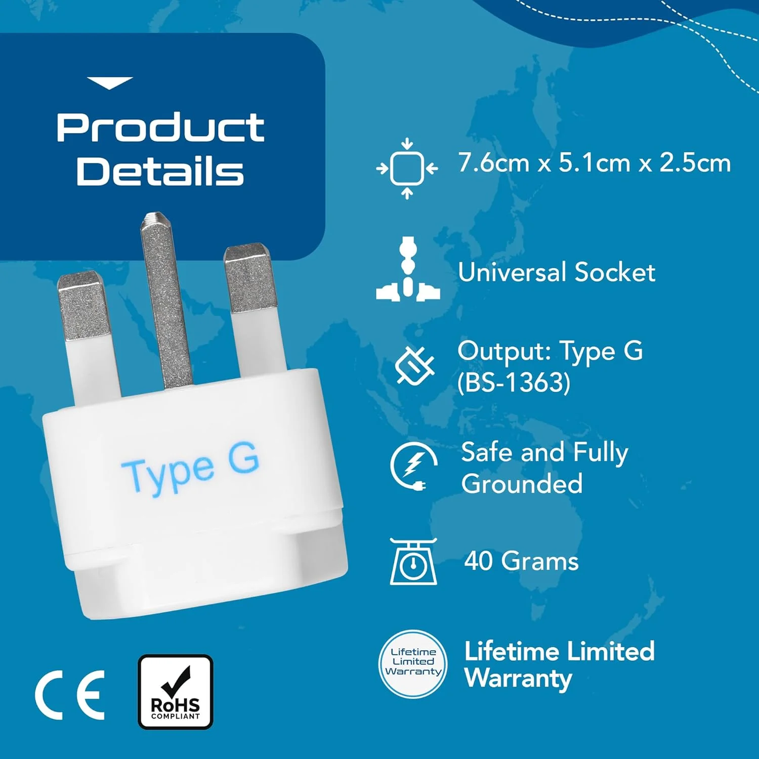 آداپتور Ceptics برای انگلیس، هند به امارات، هنگ کنگ، دبی، دوشاخه آداپتور انگلیس - آداپتور مسافرتی انگلیس - آداپتور نوع G - ایده آل برای لپ تاپ، شارژر دوربین و موارد دیگر - CE - RoHS - سفید - 5 سال