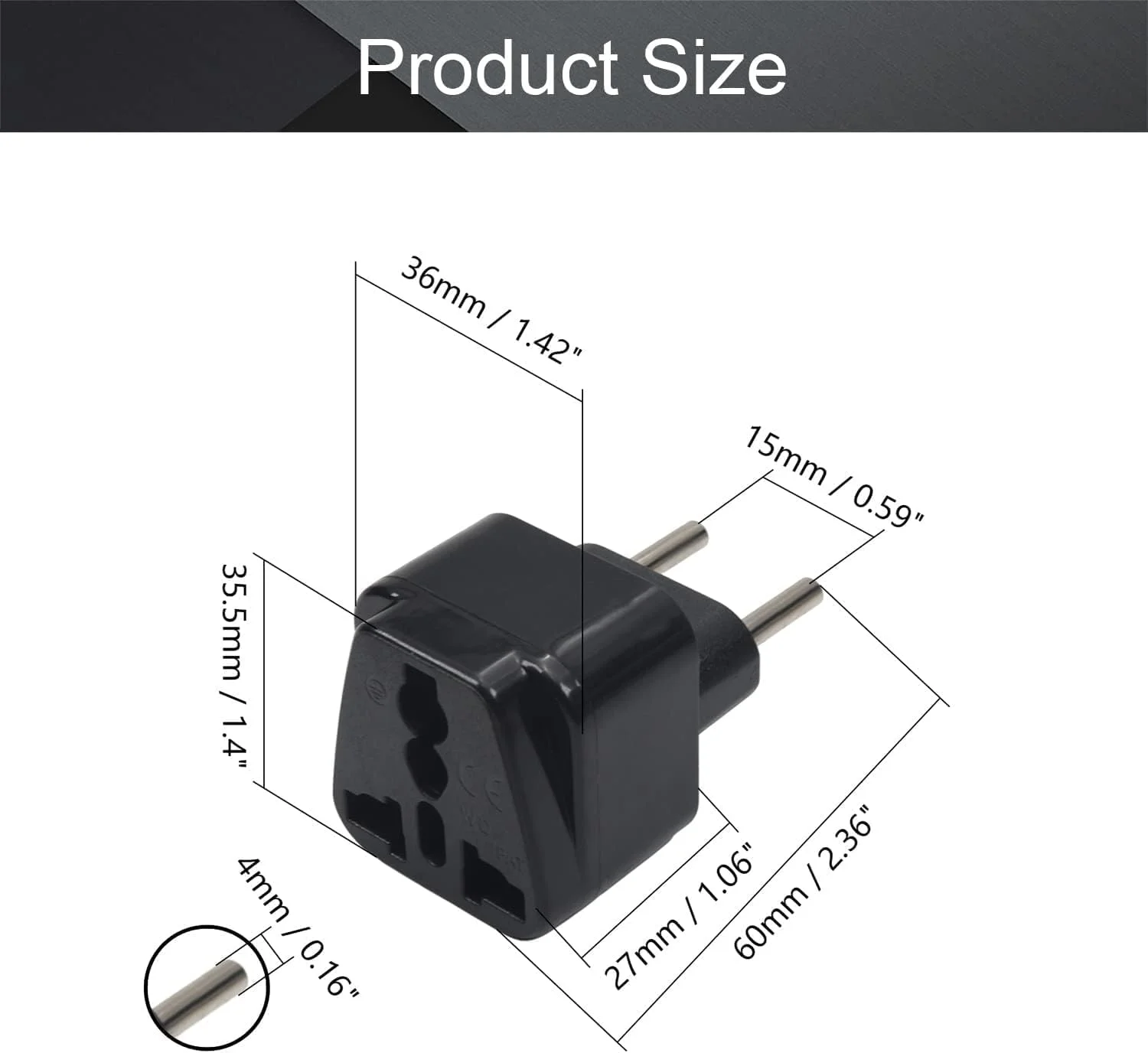 تبدیل دوشاخه UK، USA، آسیا به دوشاخه اروپایی CABLEPELADO | آداپتور مسافرتی | نوع G به 2 پین EU مدل C E F | مشکی | 1 عدد