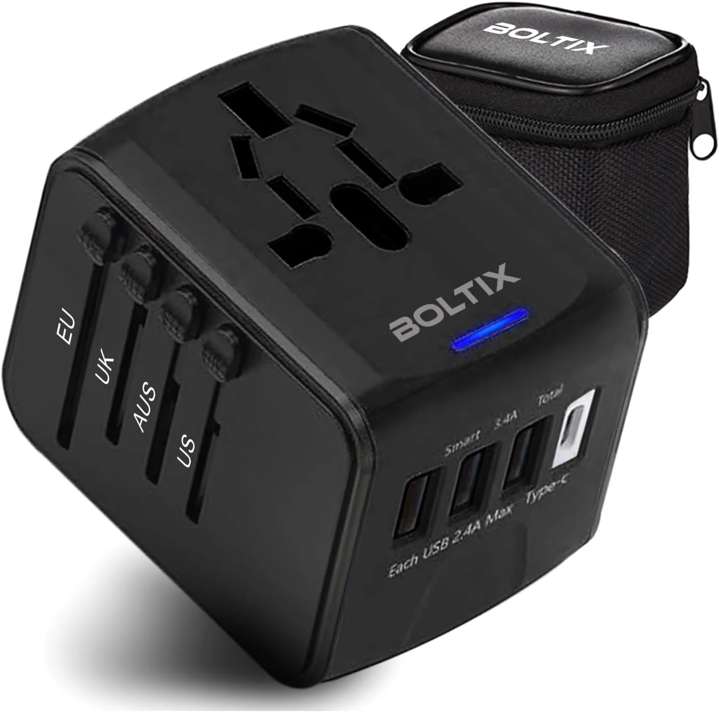 آداپتور مسافرتی جهانی، آداپتور بین المللی دوشاخه و پریز برق با 3 پورت USB + 1 پورت Type C، آداپتور دوشاخه پریز برق AC جهانی برای اروپا، انگلستان، ایالات متحده آمریکا، استرالیا (مشکی) (SL-199-3U-T)