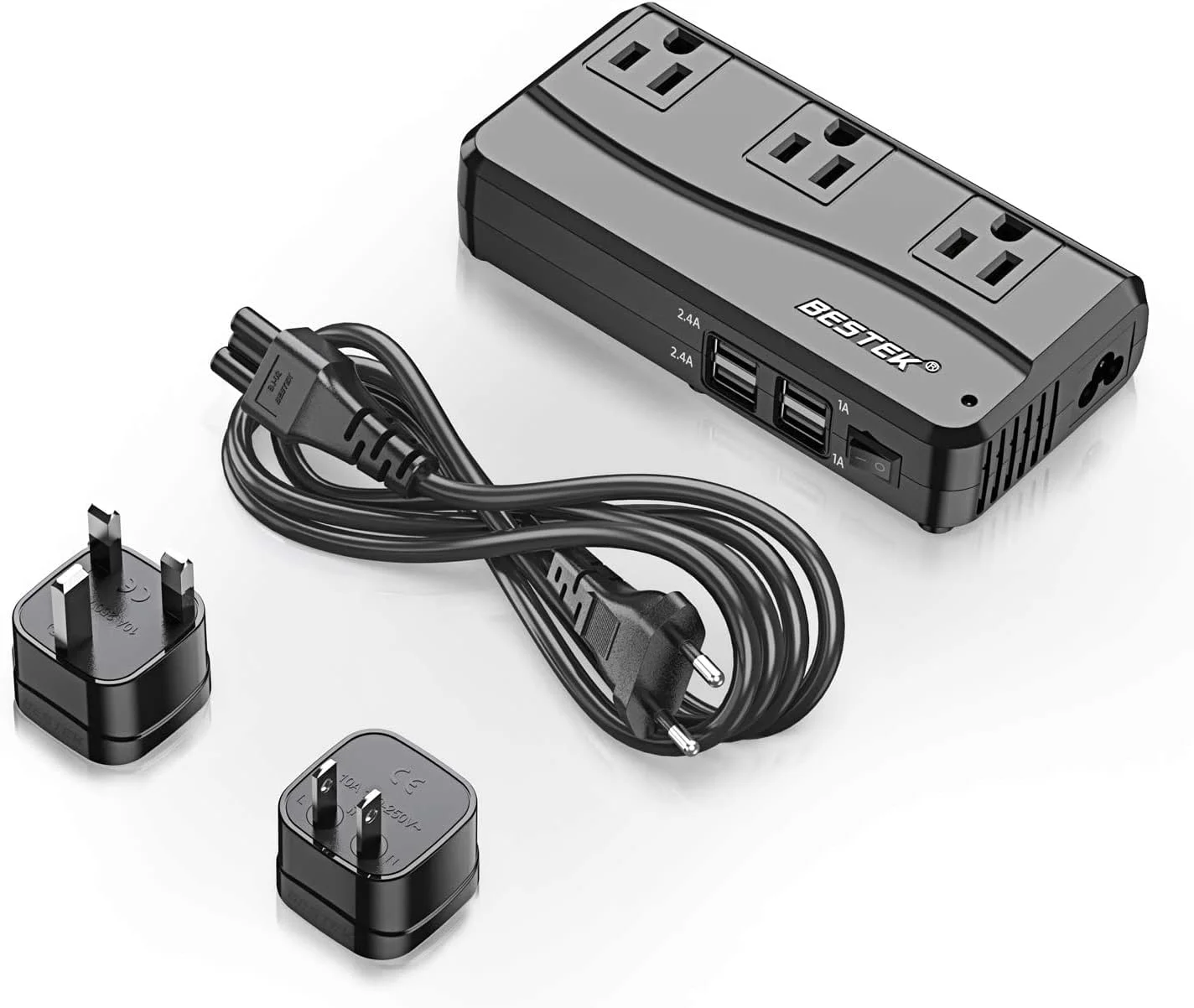 مبدل ولتاژ جهانی BESTEK 220V به 110V با شارژ USB چهار پورت 6 آمپر و آداپتور دوشاخه جهانی UK/AU/US/EU (مشکی)