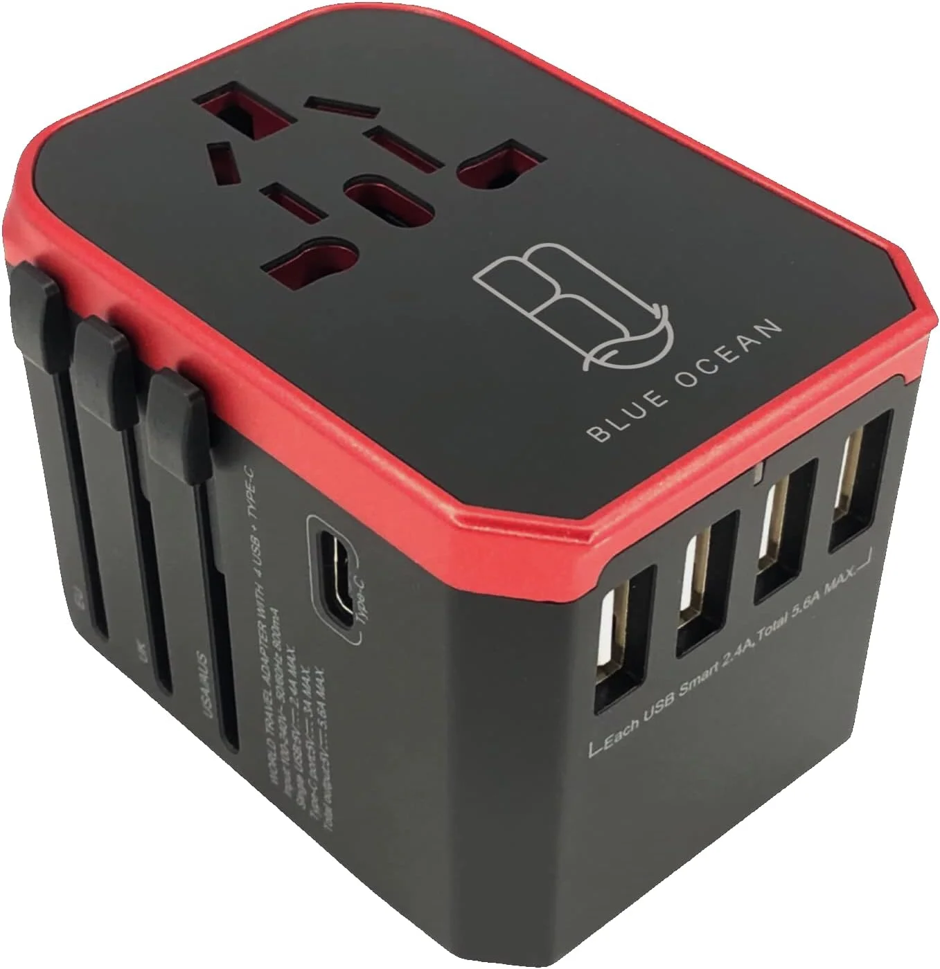 آداپتور مسافرتی BLUE OCEAN، سرعت فوق العاده سریع 5.6 آمپر، 4 پورت USB - 1 آداپتور مسافرتی جهانی Type C 3.0A، آداپتور همه کاره برای تلفن ها، تبلت ها و دوشاخه های برق UK EU US AU با سوئیچ خودکار و کیف