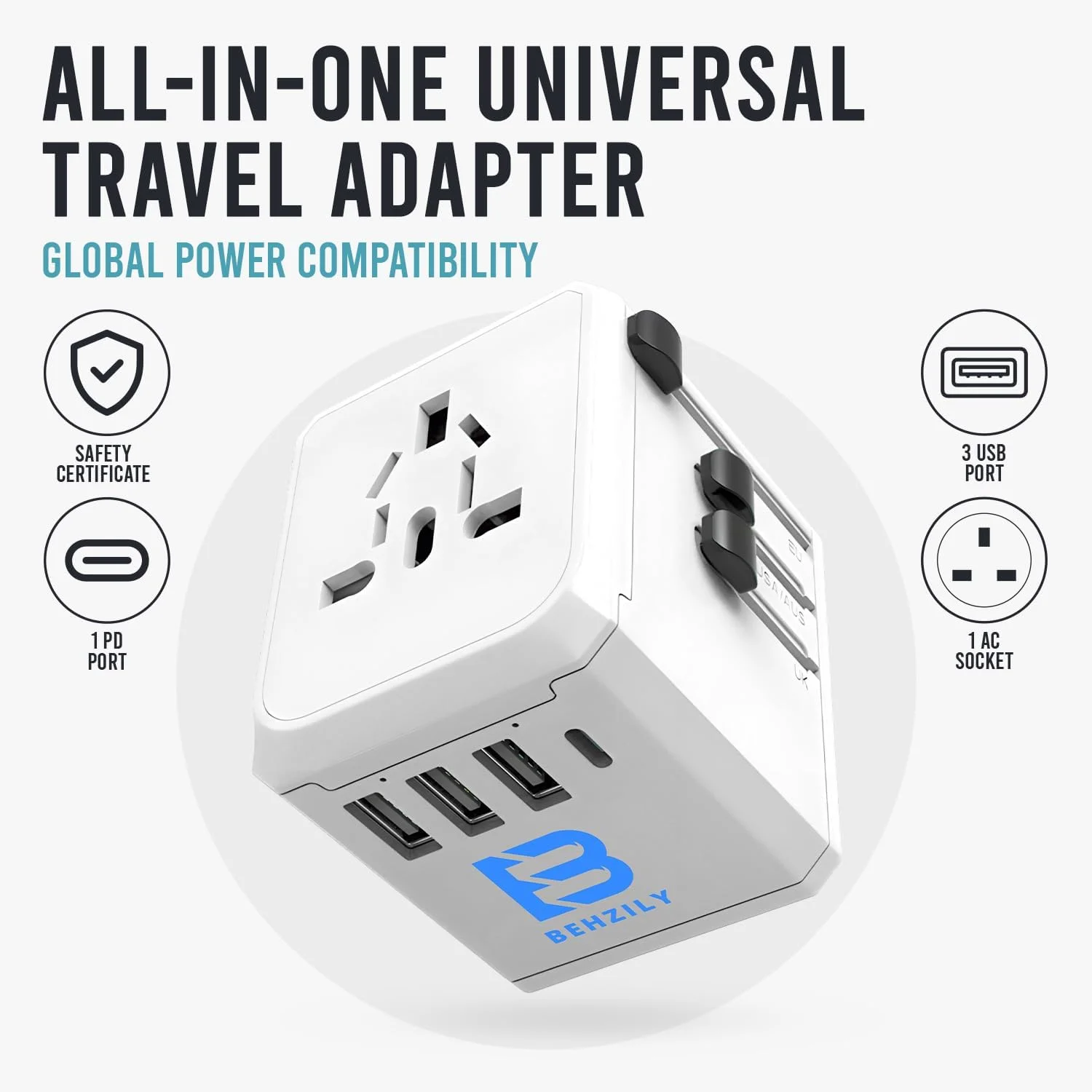 آداپتور مسافرتی جهانی، آداپتور بین المللی با 1 خروجی AC، 3 پورت USB و 1 پورت Type-C PD، شارژر همه کاره، سوکت هوشمند - مناسب منزل و سفر (سفید)