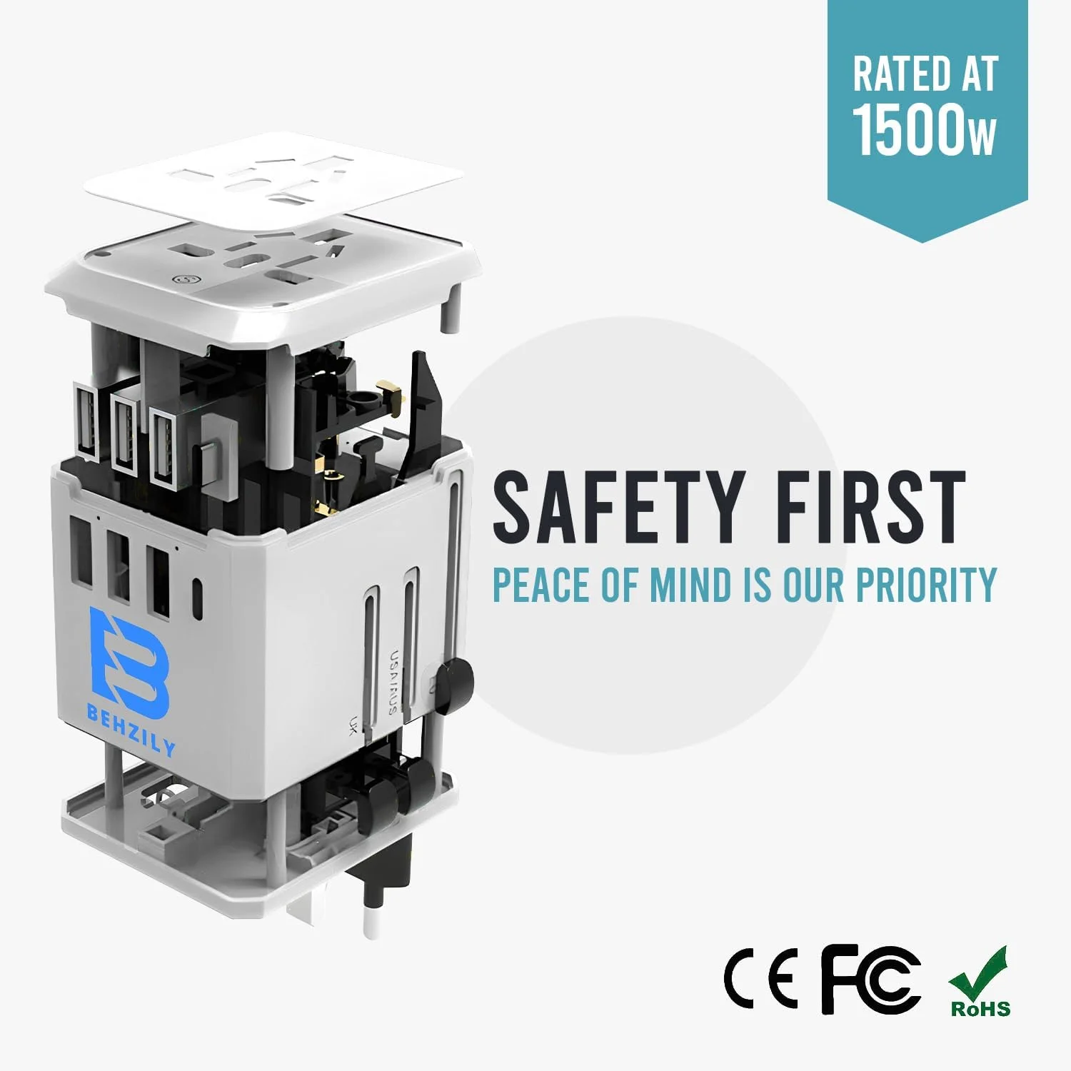 آداپتور مسافرتی جهانی، آداپتور بین المللی با 1 خروجی AC، 3 پورت USB و 1 پورت Type-C PD، شارژر همه کاره، سوکت هوشمند - مناسب منزل و سفر (سفید)