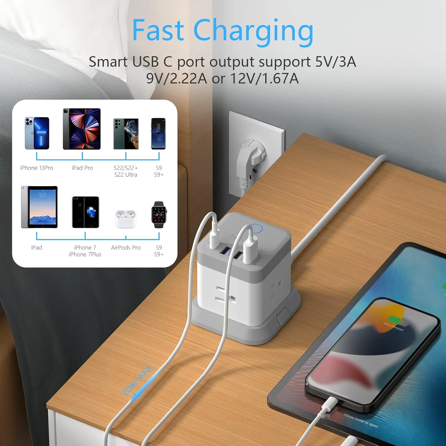 آداپتور دوشاخه مسافرتی BESTEK اروپا، محافظ برق با پورت USB C PD 20W و 3 پورت USB، توسعه دهنده پریز عریض 3 طرفه، سیم удлинительный 1.5 متری اتحادیه اروپا، پایه جداشدنی، مکعب برق قابل نصب